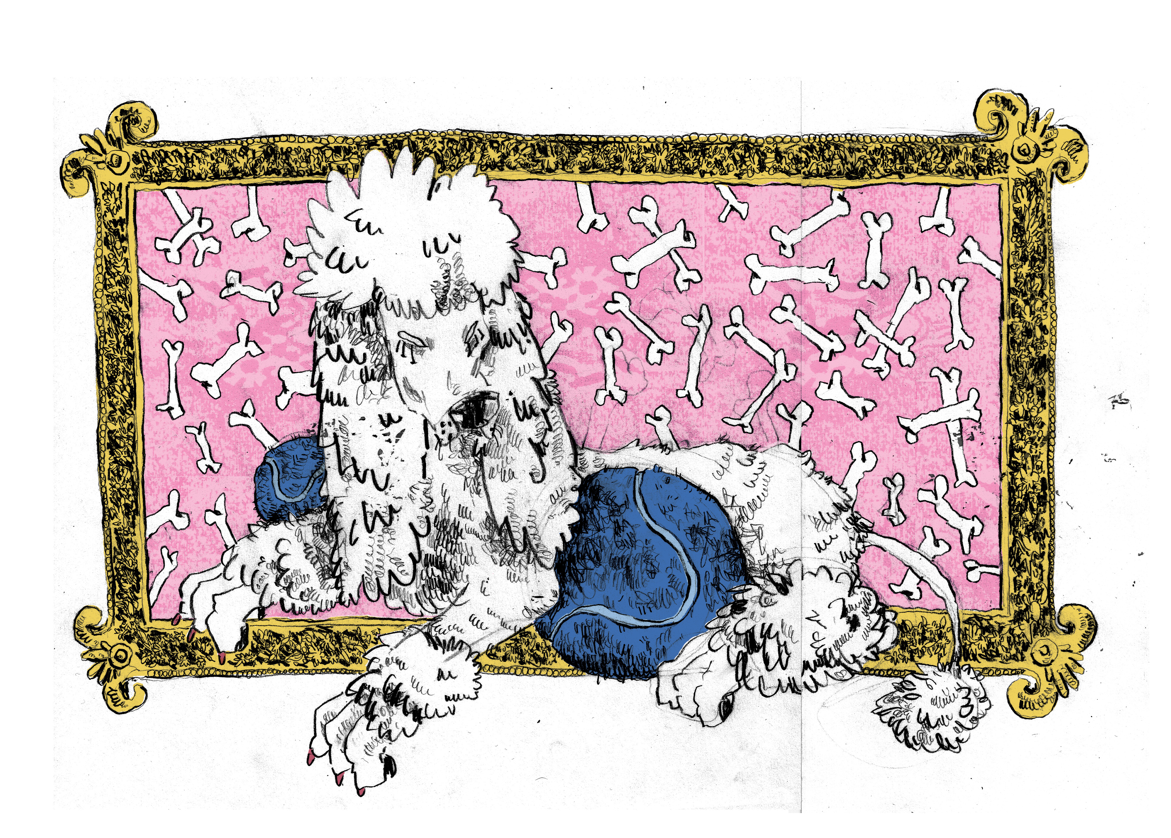 Good Boy: Lust, 2022  Graphite with Digital Color on 11 X 8.5 Inch Paper  The colors pink and blue were utilized to be symbols of the limited perspective towards gender and sex, honing in on the emotion of lust. The bones and blue tennis balls call to masculine stereotypes, while the poodle calls to feminine stereotypes.