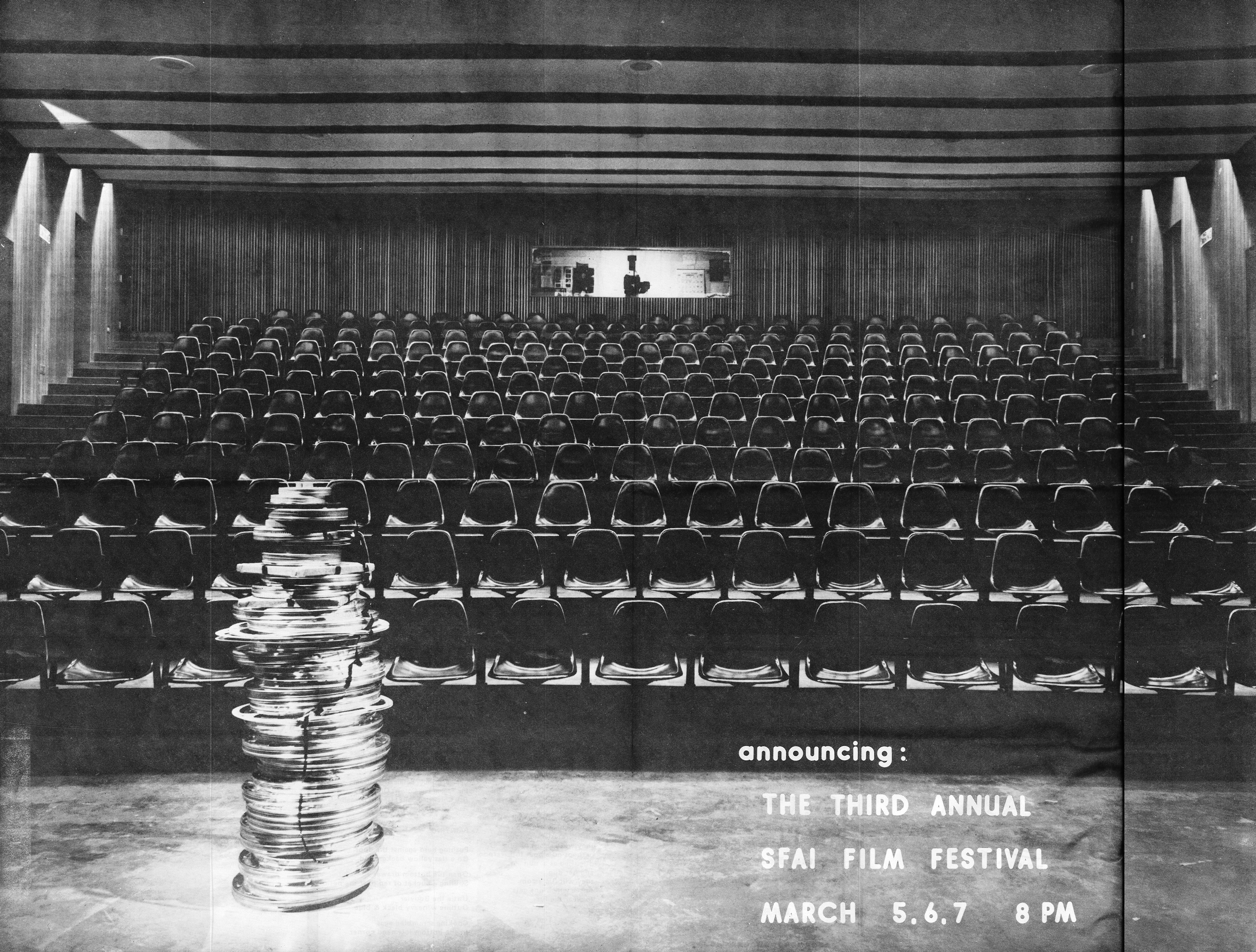 c. 1979: The announcement for SFAI’s Third Annual Film Festival includes a towering stack of film reels on the lecture hall floor.