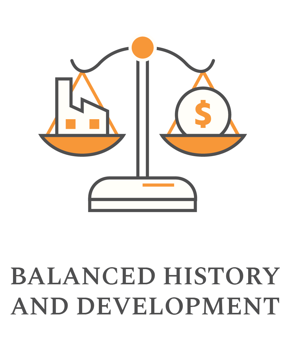 Icon of a scale that balances an industrial building and a dollar coin, with the caption "Balanced History & Devleopment"
