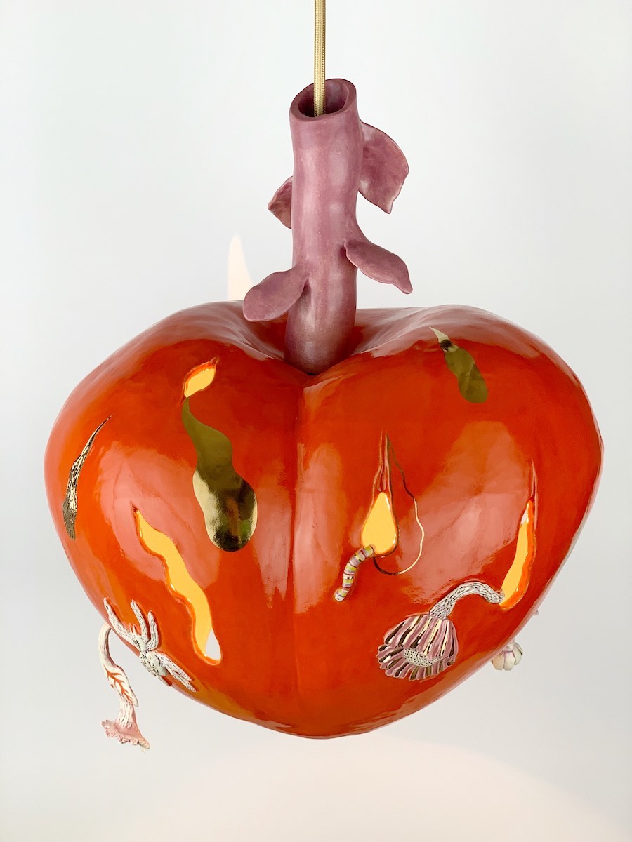 Emily Counts, Levitation Peach, 2022, Glazed stoneware with gold luster, electric lighting 15 x 12.5 x 10 in.