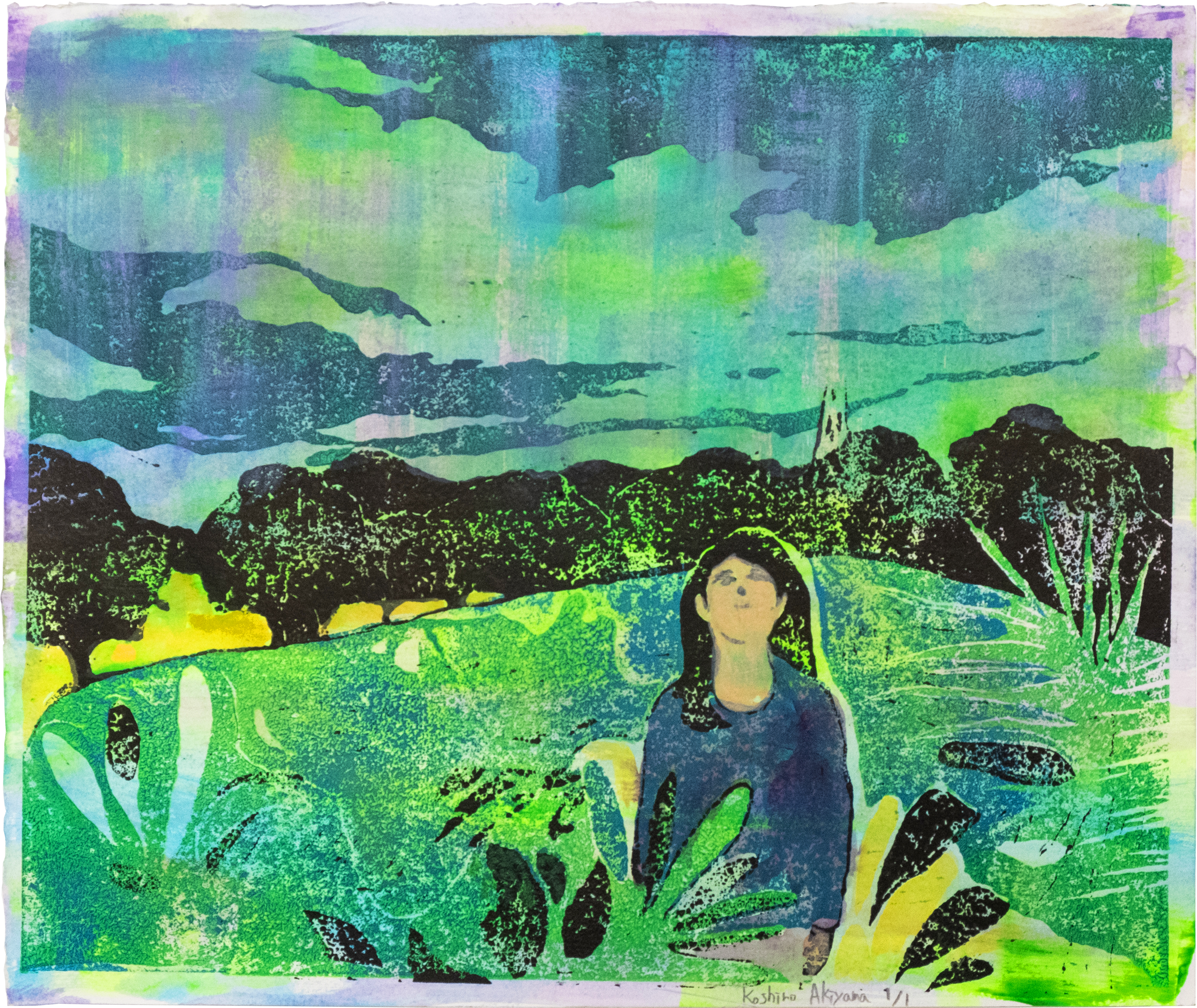 Koshiro Akiyama Burgess Park 1 (Green), 2021Hand-Coloured Linocut32.5 x 38.5 cm