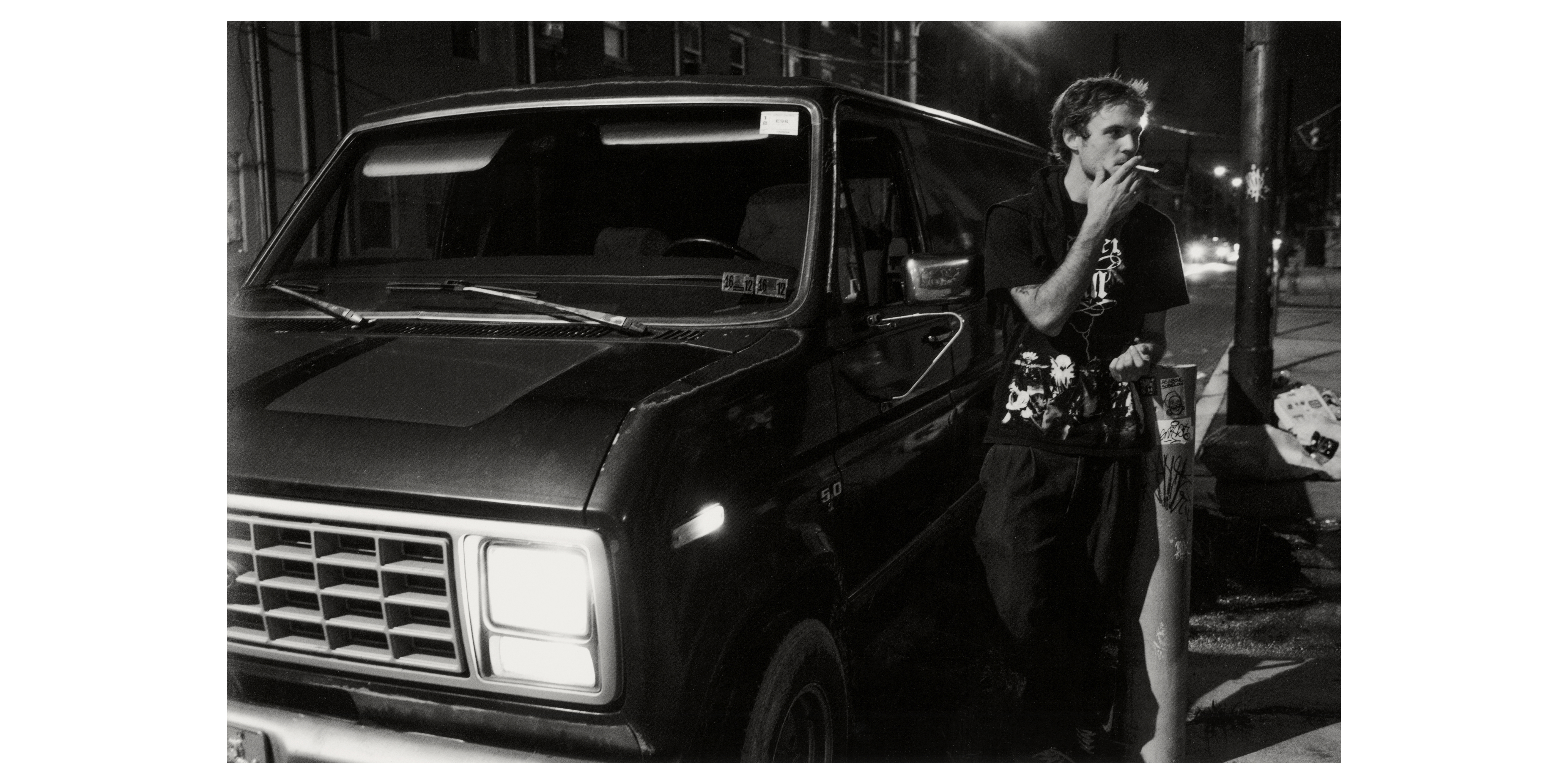 Scott smoking by the tour van, PhilaMOCA, Philadelphia, 2021