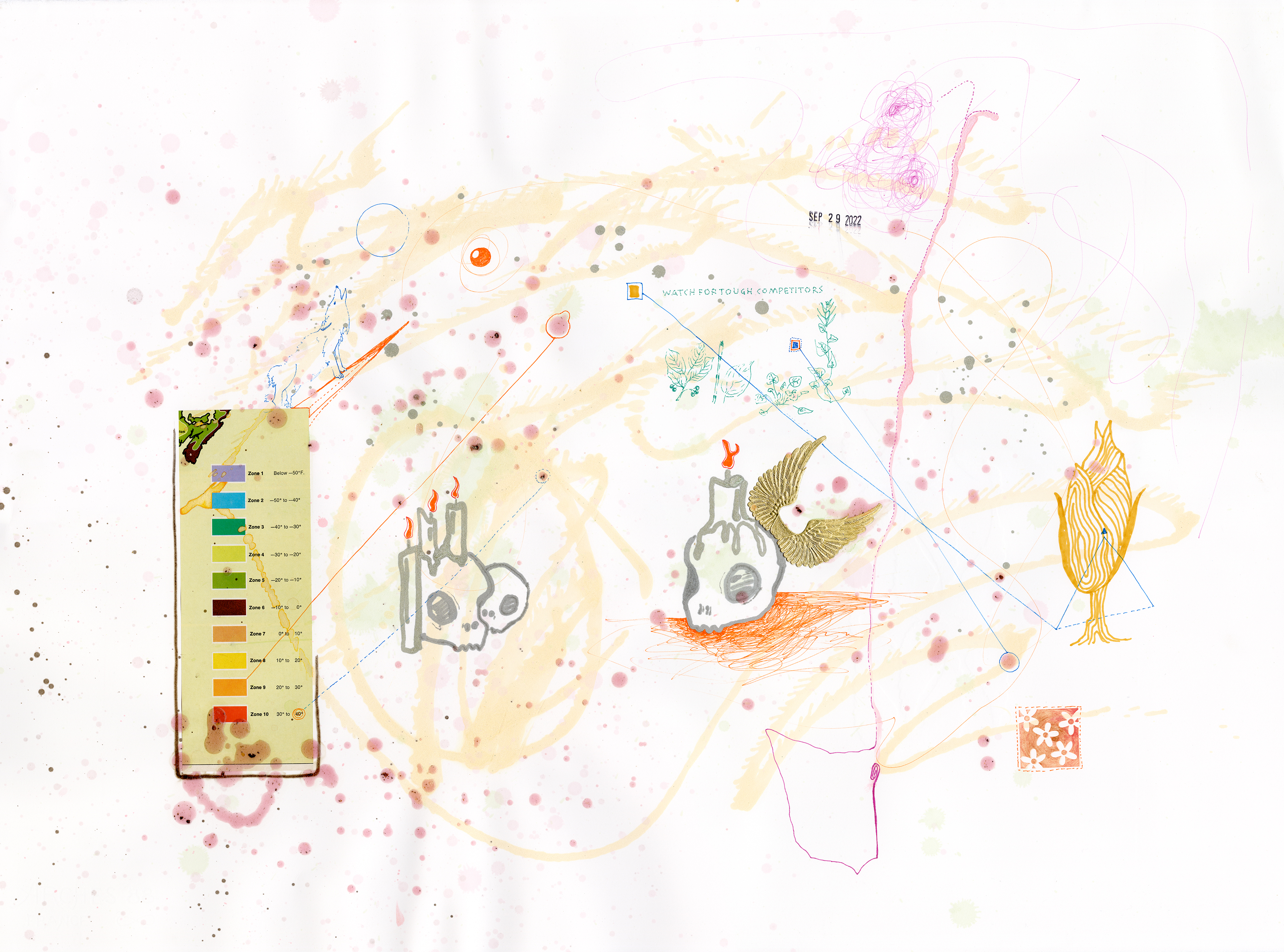 Drawing 47/56 from 56 days at the Dome House 22.5 x 30 inches, ink, Chine-collé, etching and stamps on Arches 88 paper - BUY
