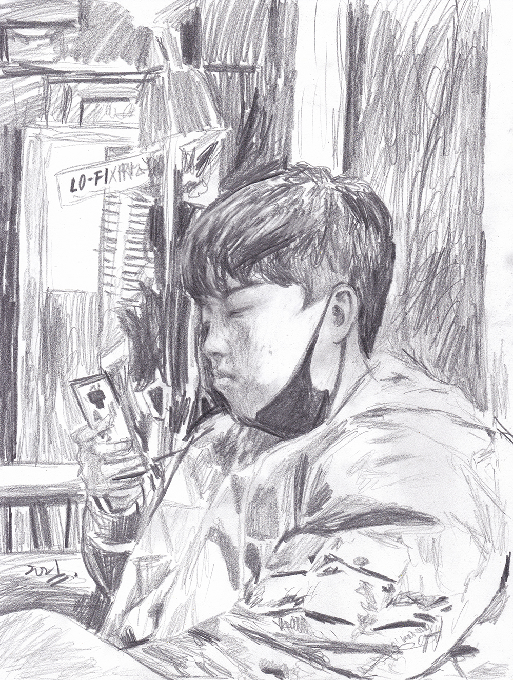 휴대폰을 보는 친구, 2021, pencil on paper, 27.9*21(cm)