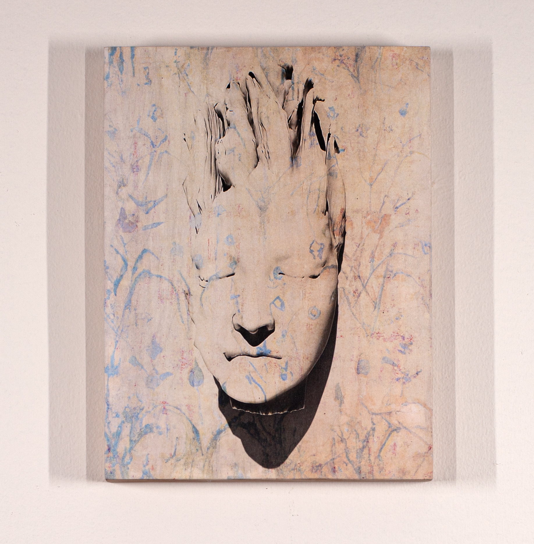 The Ruins Series, The Yellow Medusa, pigment in resin, ash wood panel and cherry wood panel, oak frame, 10.5 x 14 x 1.5 inches, 2021/2023