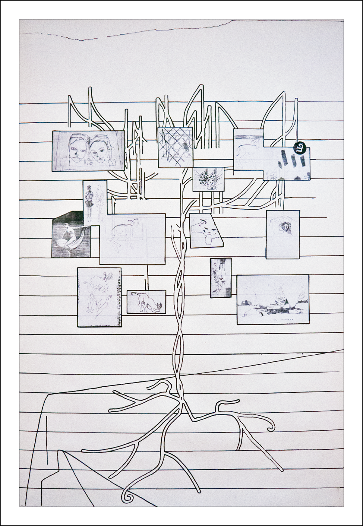 Picture Tree, 2023; Acrylic and collage on canvas; 54" x 36"