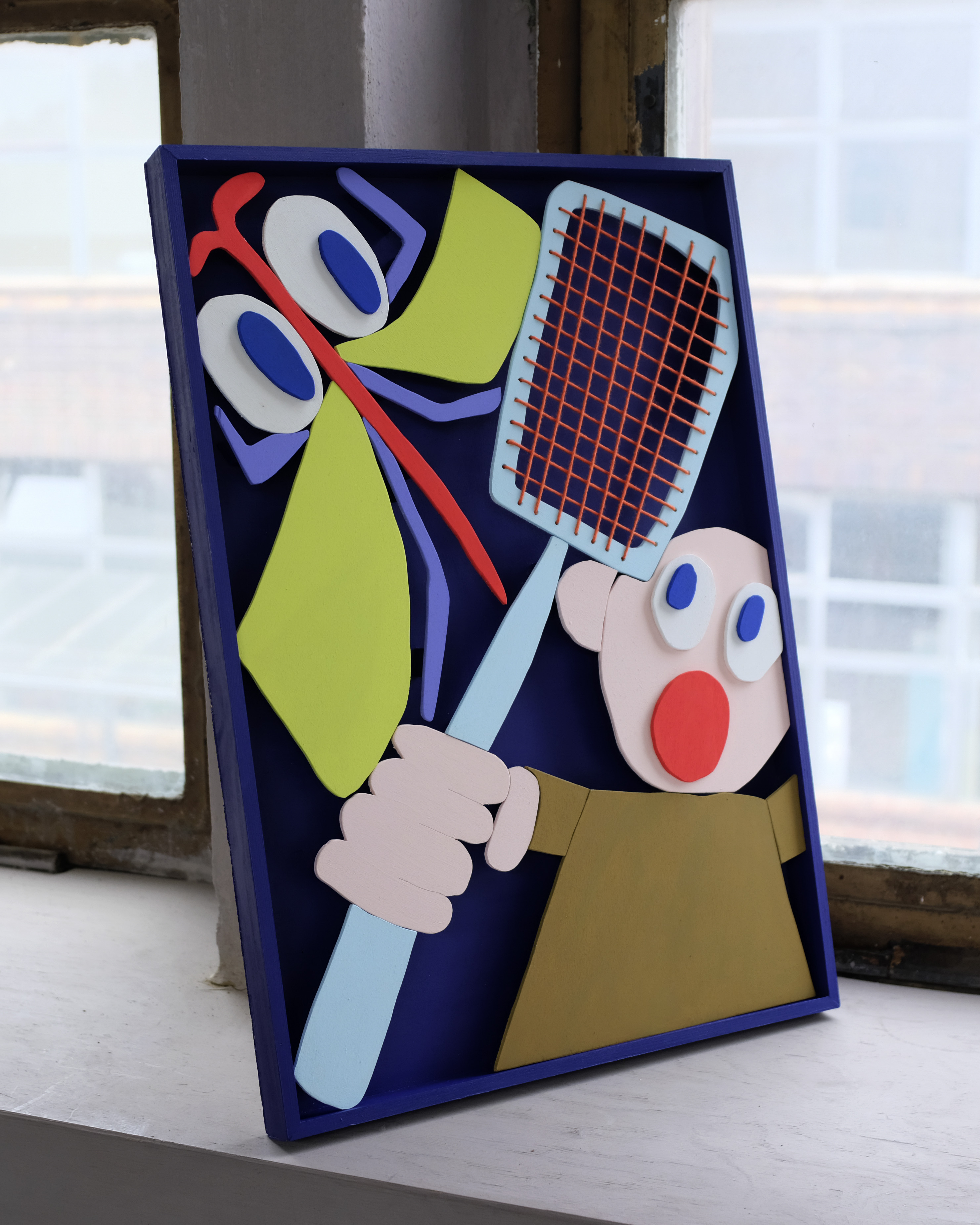 Klatsche (2023), 42 x 59,5 x 3,5cm, Acrylics on Wood, Cotton Thread