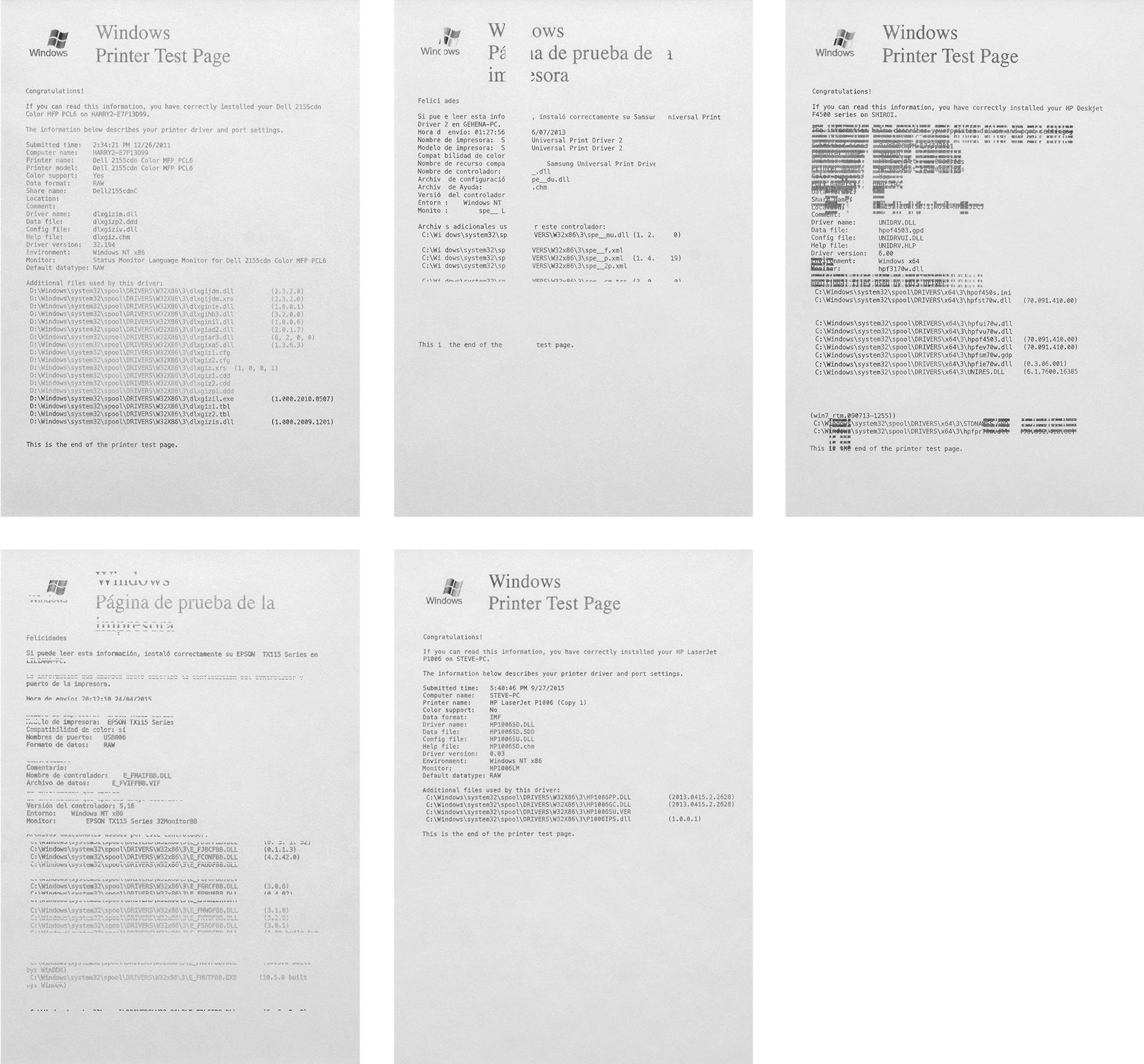 Windows Printer Test Page/Pagína de prueba de la impresora (1-5), graphite on paper, A4 each, 2018