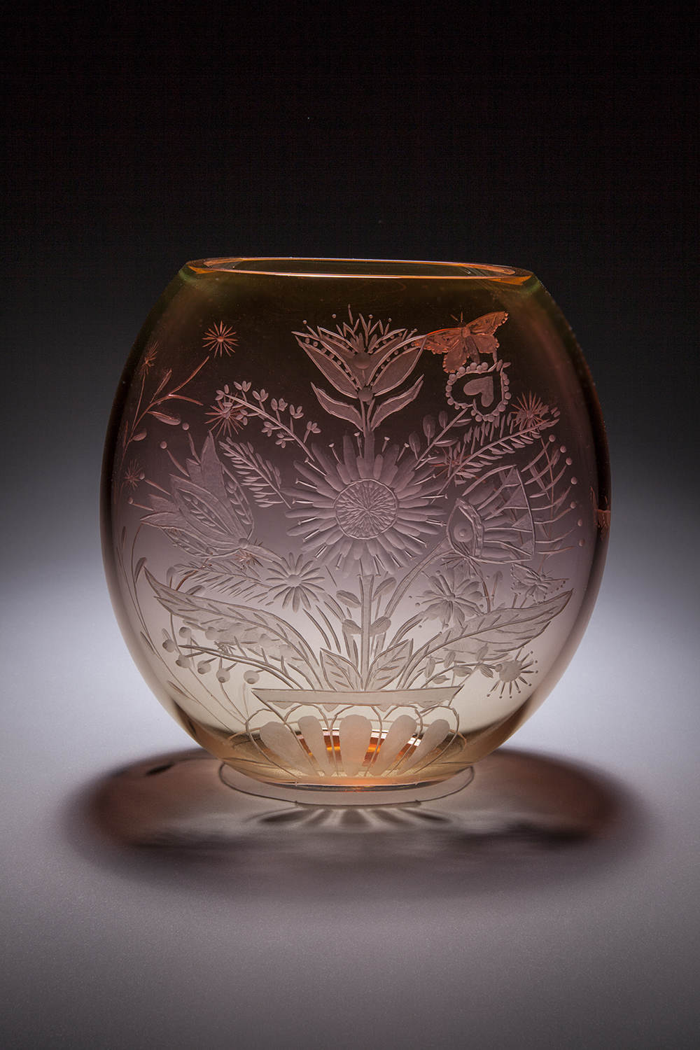 Cappy Thompson, 'Bouquet with Butterflies', 2025, Wheel engraved blown glass, 8 7/8 x 8 5/8 x 3 1/4 in.