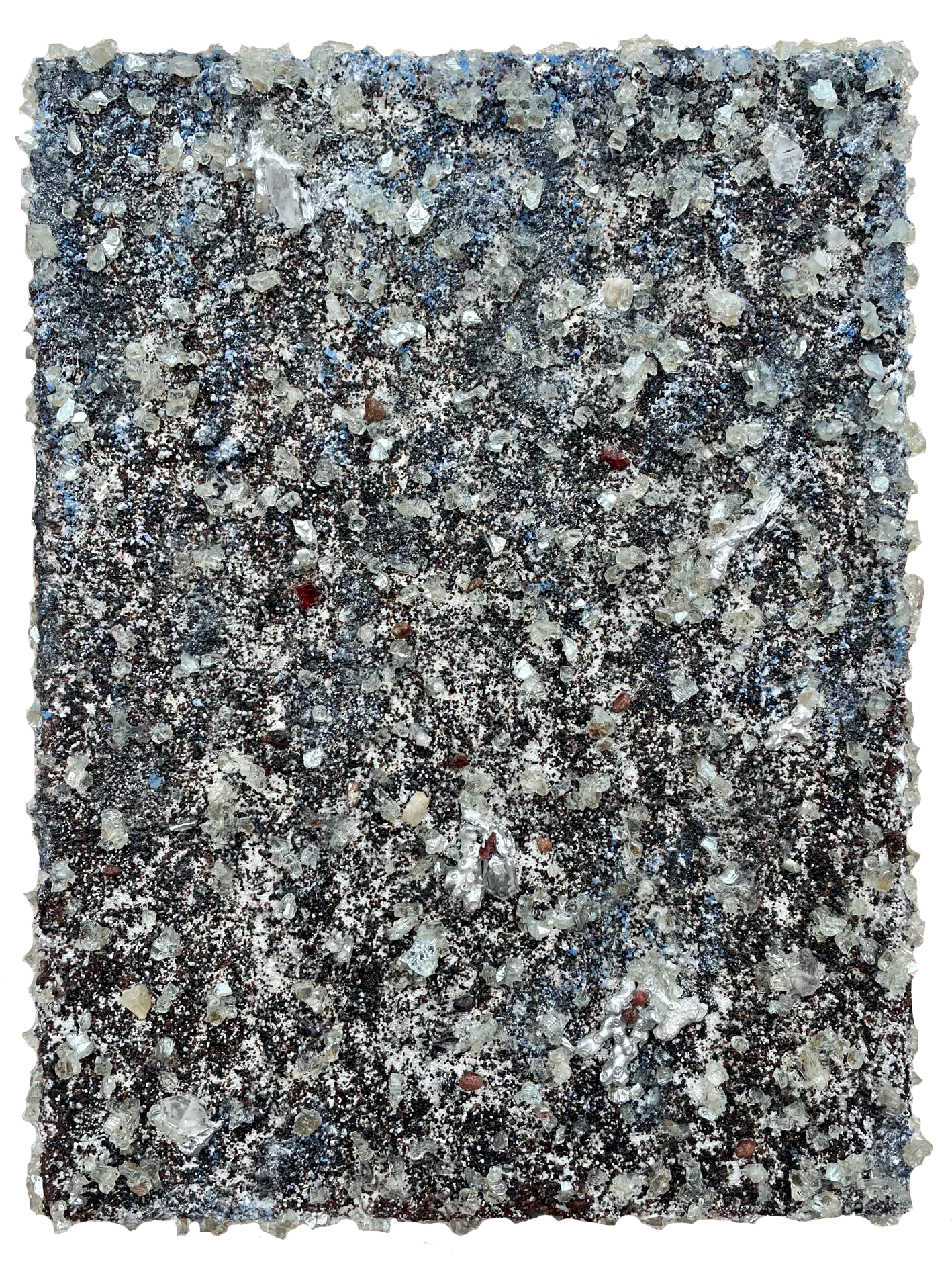 Subtle and Submarine; Garnet, magnesium, mica flakes, blue quartz aggregate, pumice, glass, and coral on canvas, 12”x16”