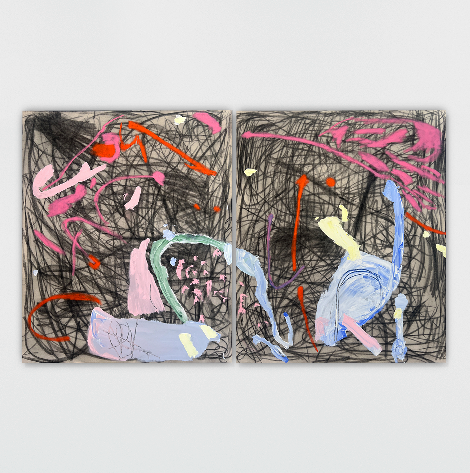 Juegos de mano, acrylic, oil pastel & graphite on raw canvas, 120 x 200  cm, 2023