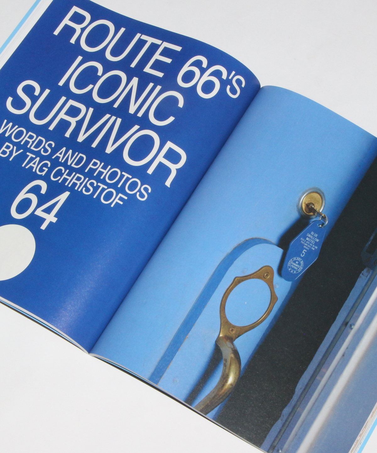 Spread with words'route 66's iconic survivor' and image of blue motel key in blue door