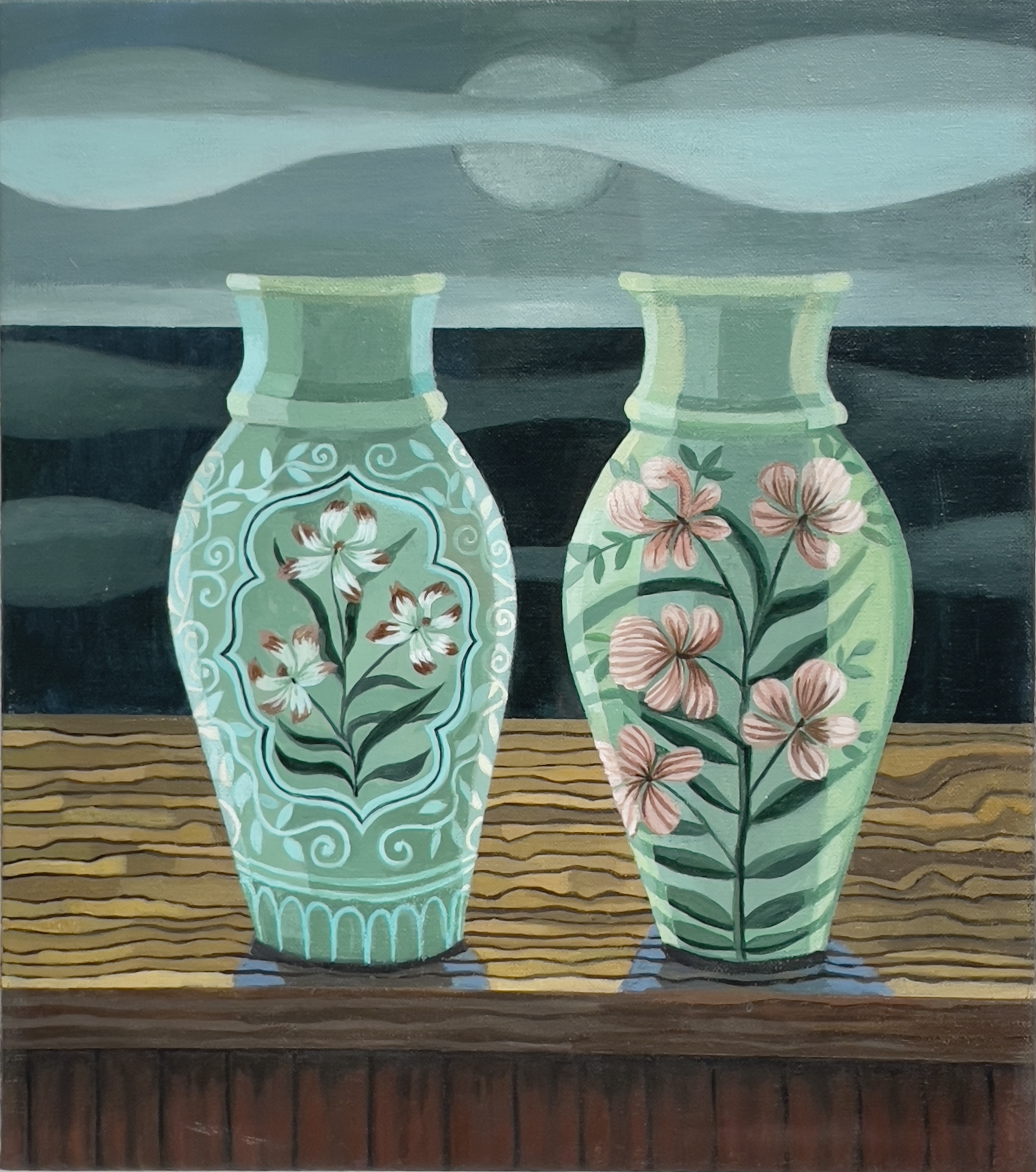 Gail Spaien, 'Two Vases', 2025 Acrylic on linen, 15 x 17 in. 
