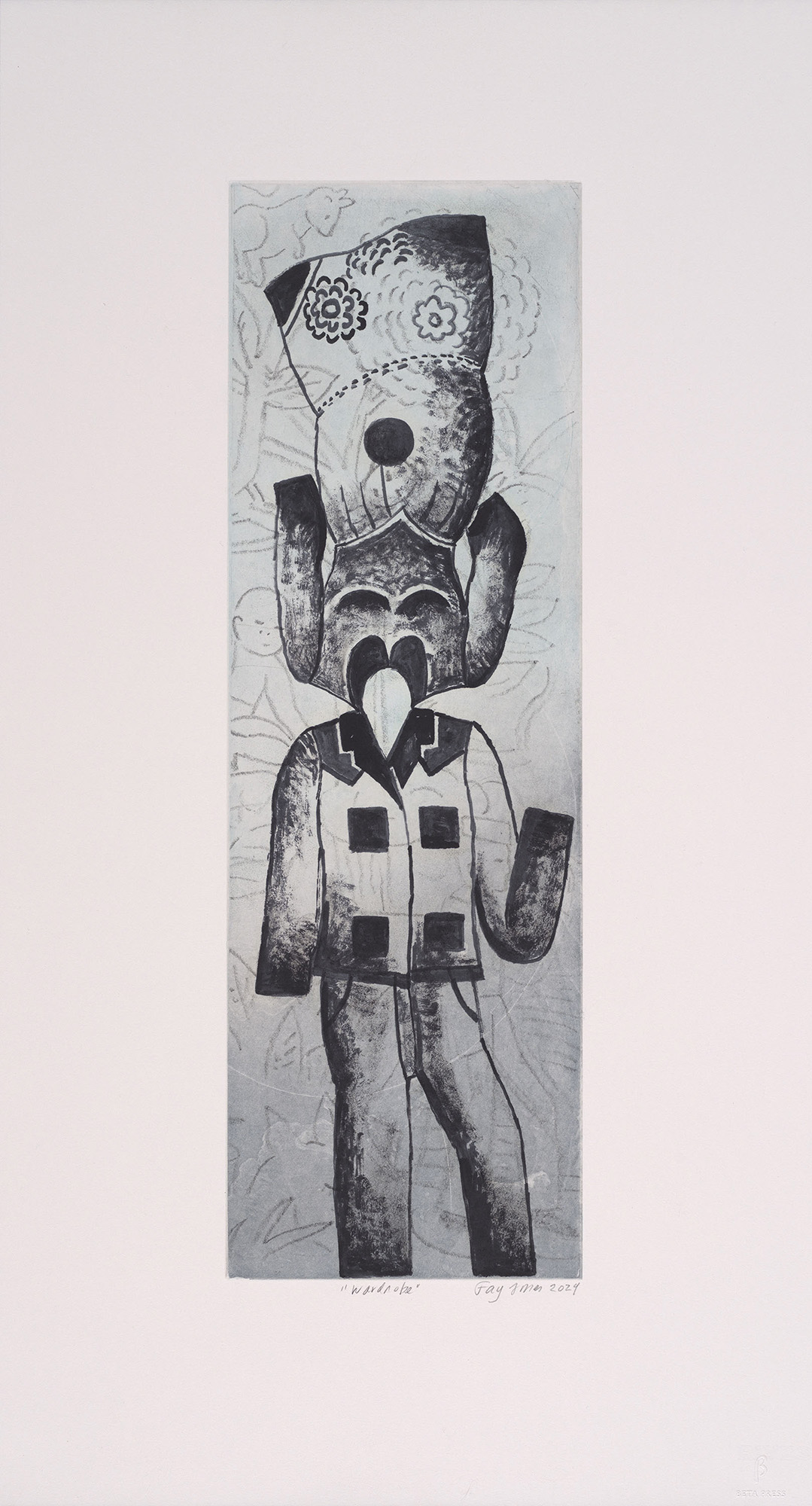 Wardrobe, 2024, Soft ground and spit-bite aquatint, hand painting, Image size 19 1/4 x 6 1/8 in., Paper size 26 x 14 1/4 in. $3,500 framed