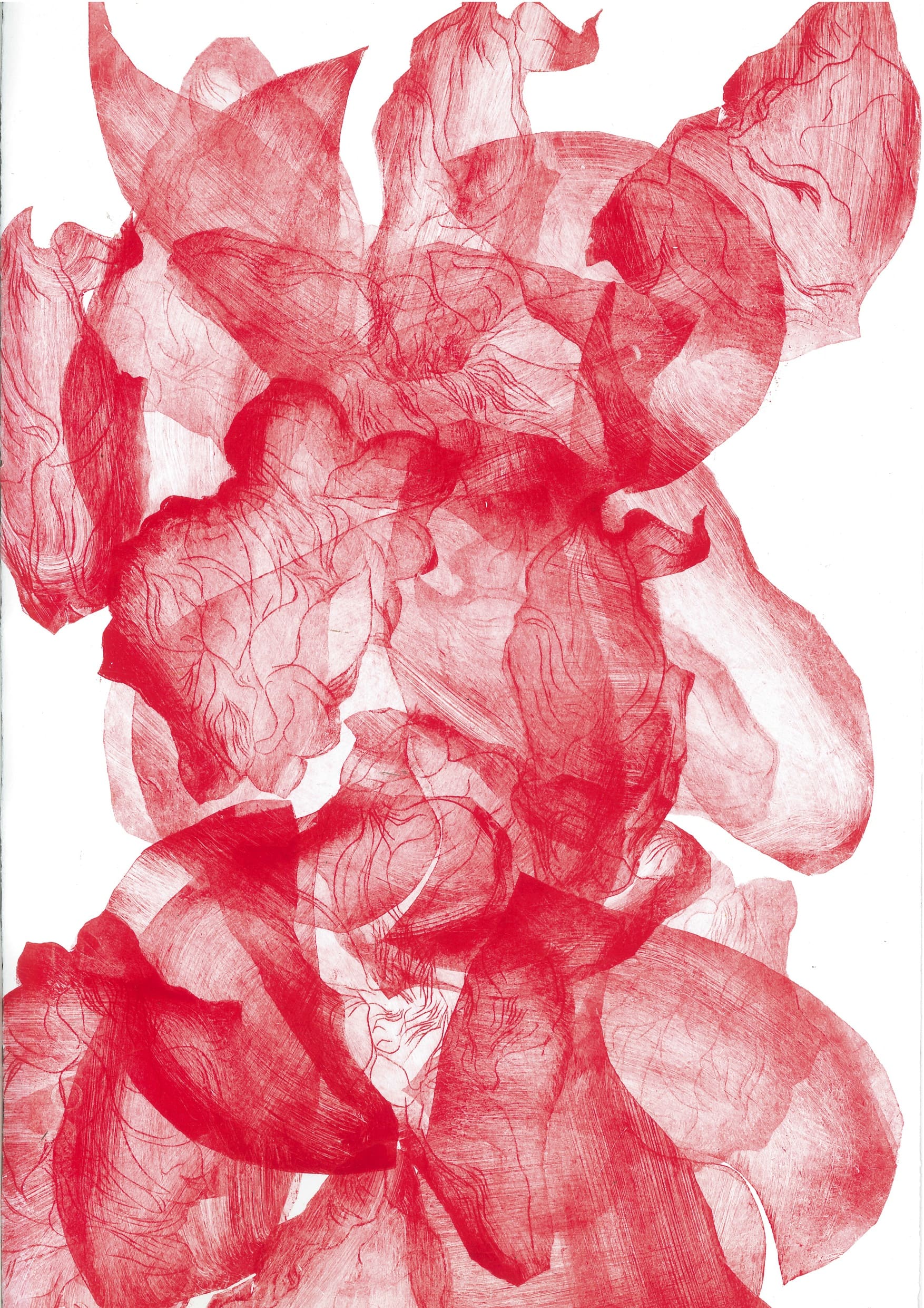 Abstract flowers #11Drypoint etching on polyester, cut out, printed over and inside each other, über-und ineinander gedruckt, 34 x 50 cm