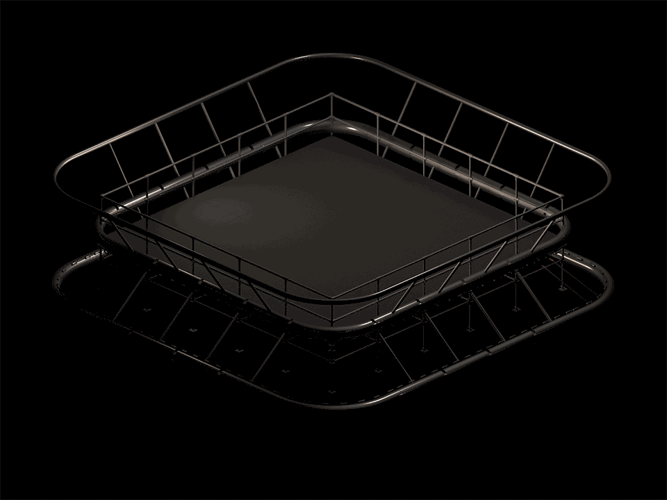 The Choreum’s stage design, with pieces easily attached to the existing stick-fighting stage, with lengths of woven fabric that may change colour, print or pattern.