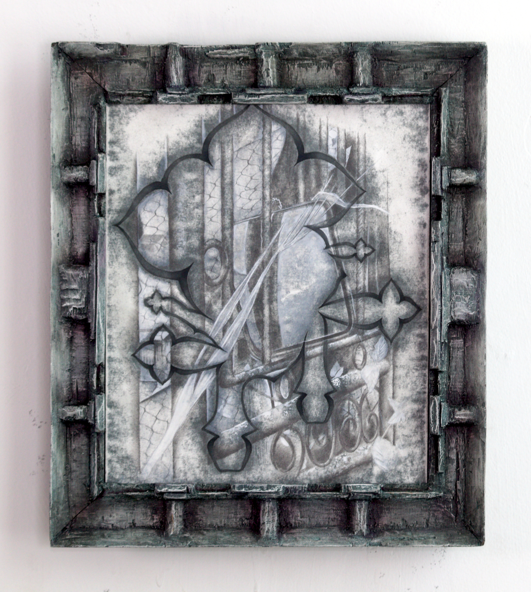 Rural Alchemy, Ink, gouache, pencil, and colored pencil on paper, oil on hand-carved plywood, 14.25 x 12 x 1.5 in, 2023