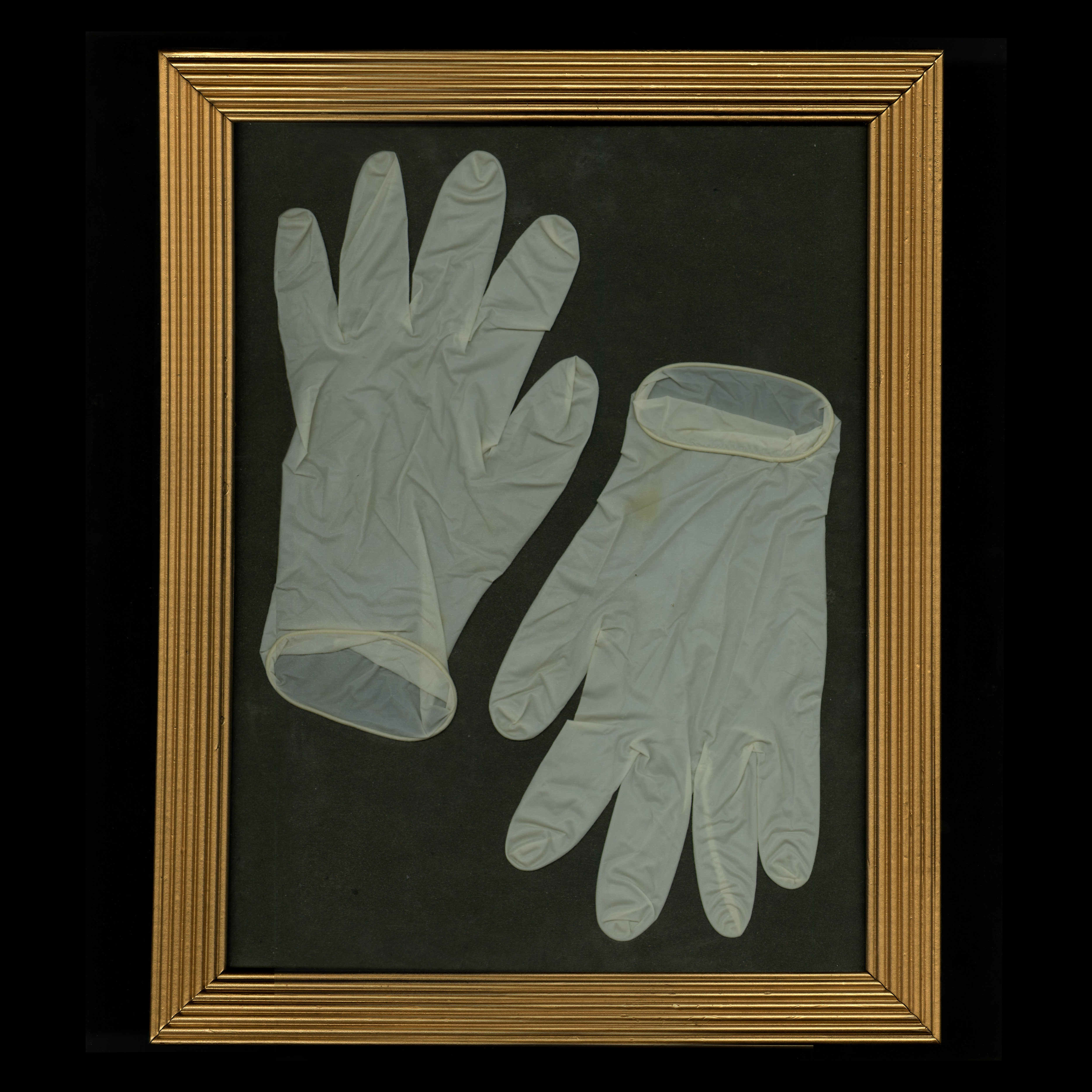 2. Her Gloves (probably) Presented here are latex gloves found near the scene of one of Jane Doe’s early heists that she is though to have dropped when she was still inexperienced. Though, many speculate that she left them behind on purpose as the only DNA that has been scraped from them is that of a domestic house cat. Perhaps this is Jane Doe’s cheeky nod to the archetype of the “cat burglar”. framed found artifact / latex