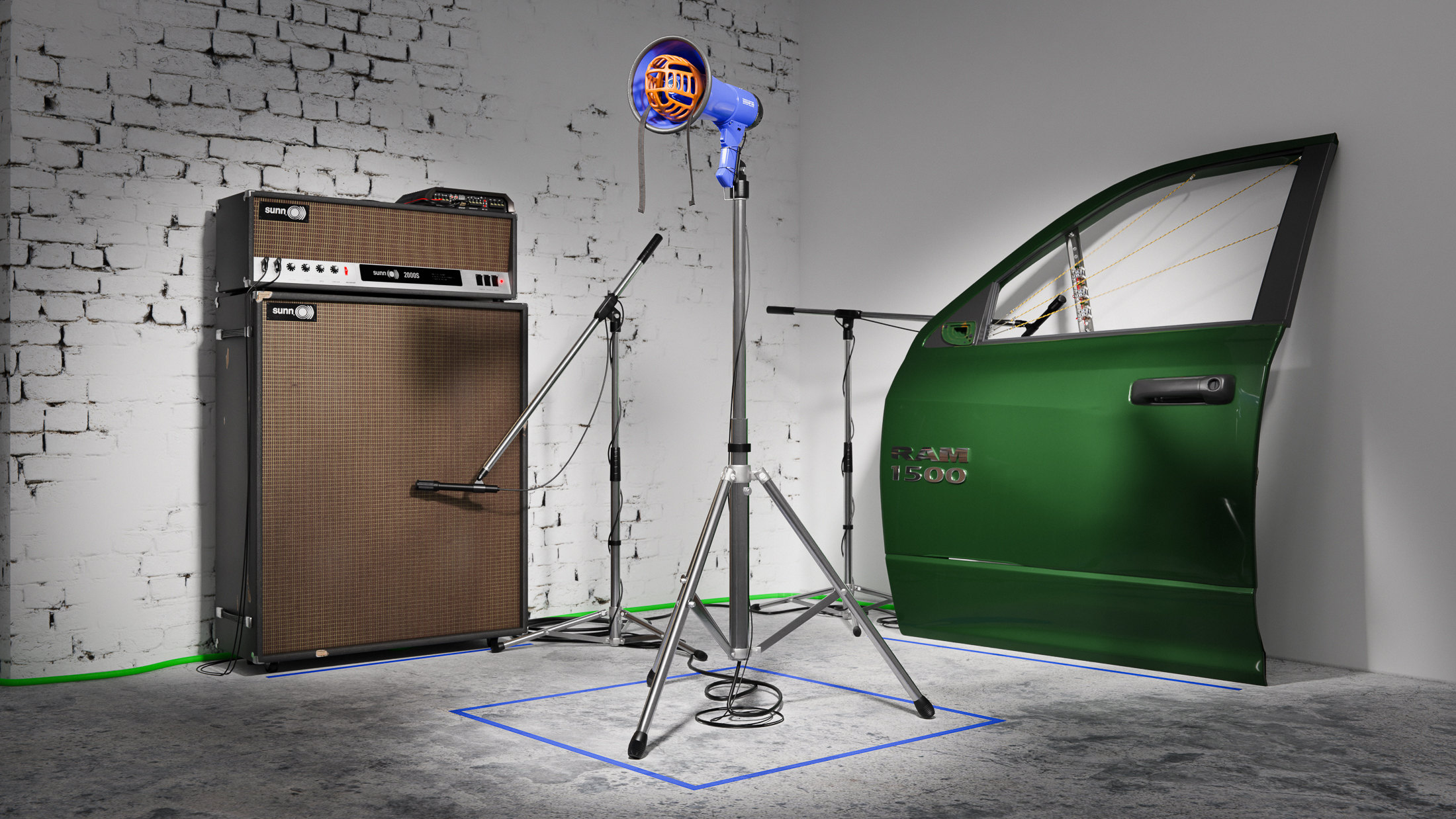 Zero sum just remainder, 2022, megaphone, muzzle, truck door, electric fence wire, solenoid servo motors, plectrums, hardware, guitar amplifier, cabinet, arduino controllers, zip ties, mics, mic stands, cables, tape, dimensions variable