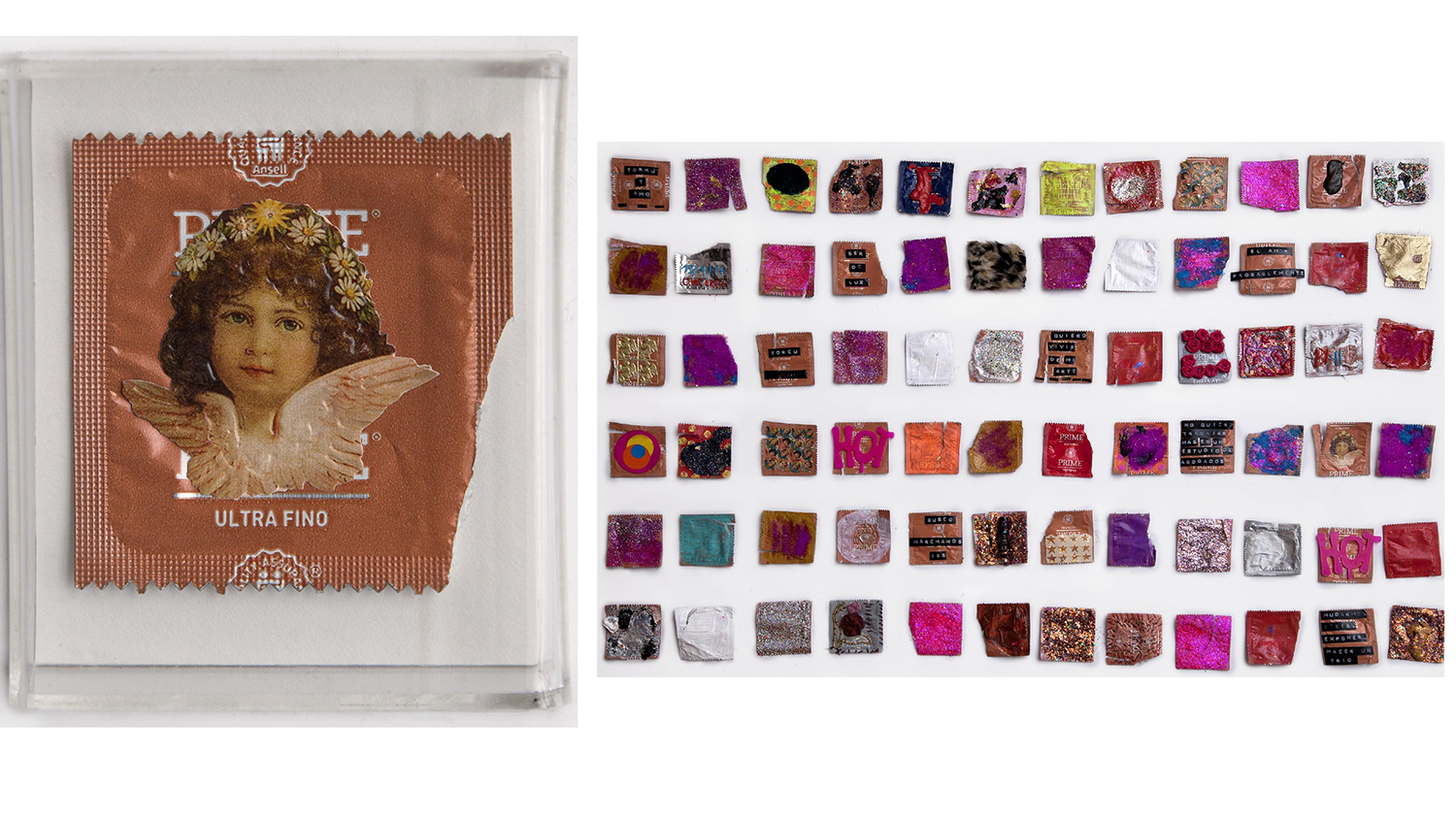 Cuando nos cuidamos, sticker sobre preservativo dentro de caja de acrílico, 6 x 7 c/u, 2017