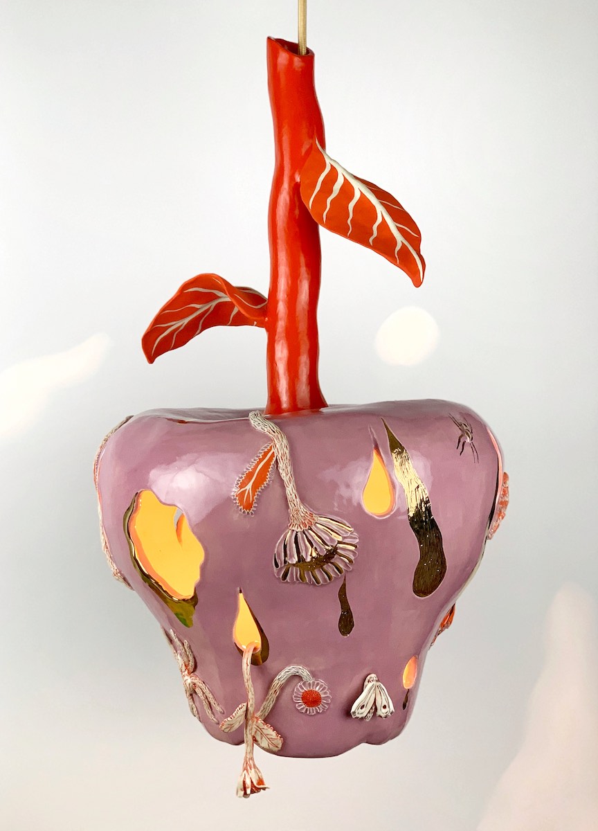 Emily Counts, Levitation Apple, 2022, Glazed stoneware, gold luster, electrical components, lamp, 22 x 11.5 in.