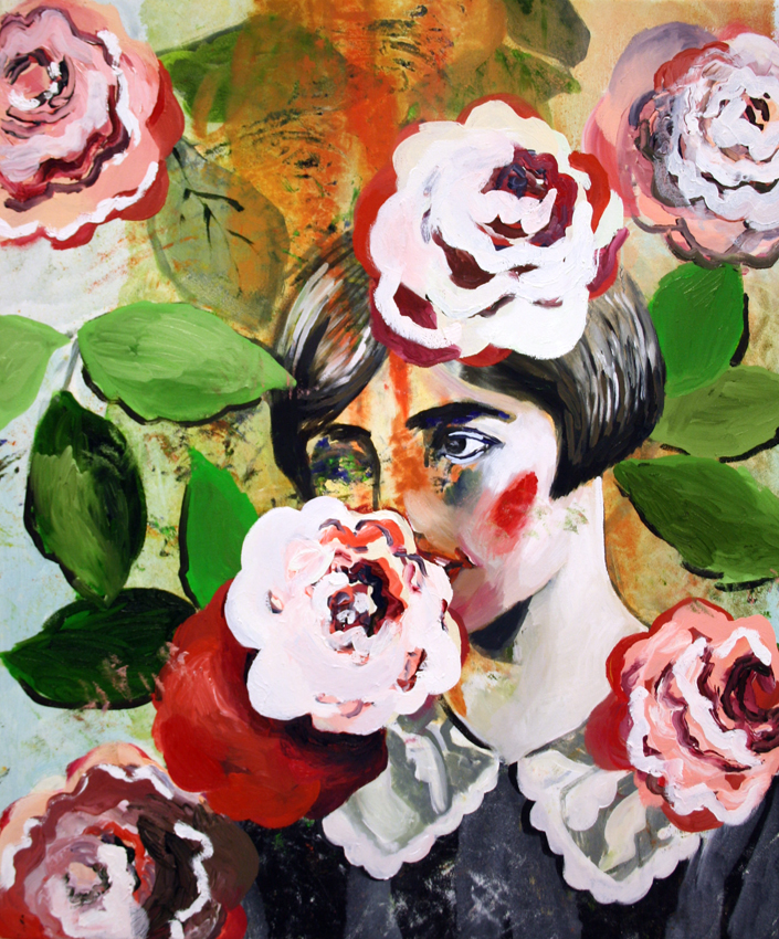Girl with roses, acrylic and oil on canvas, 60/50 cm