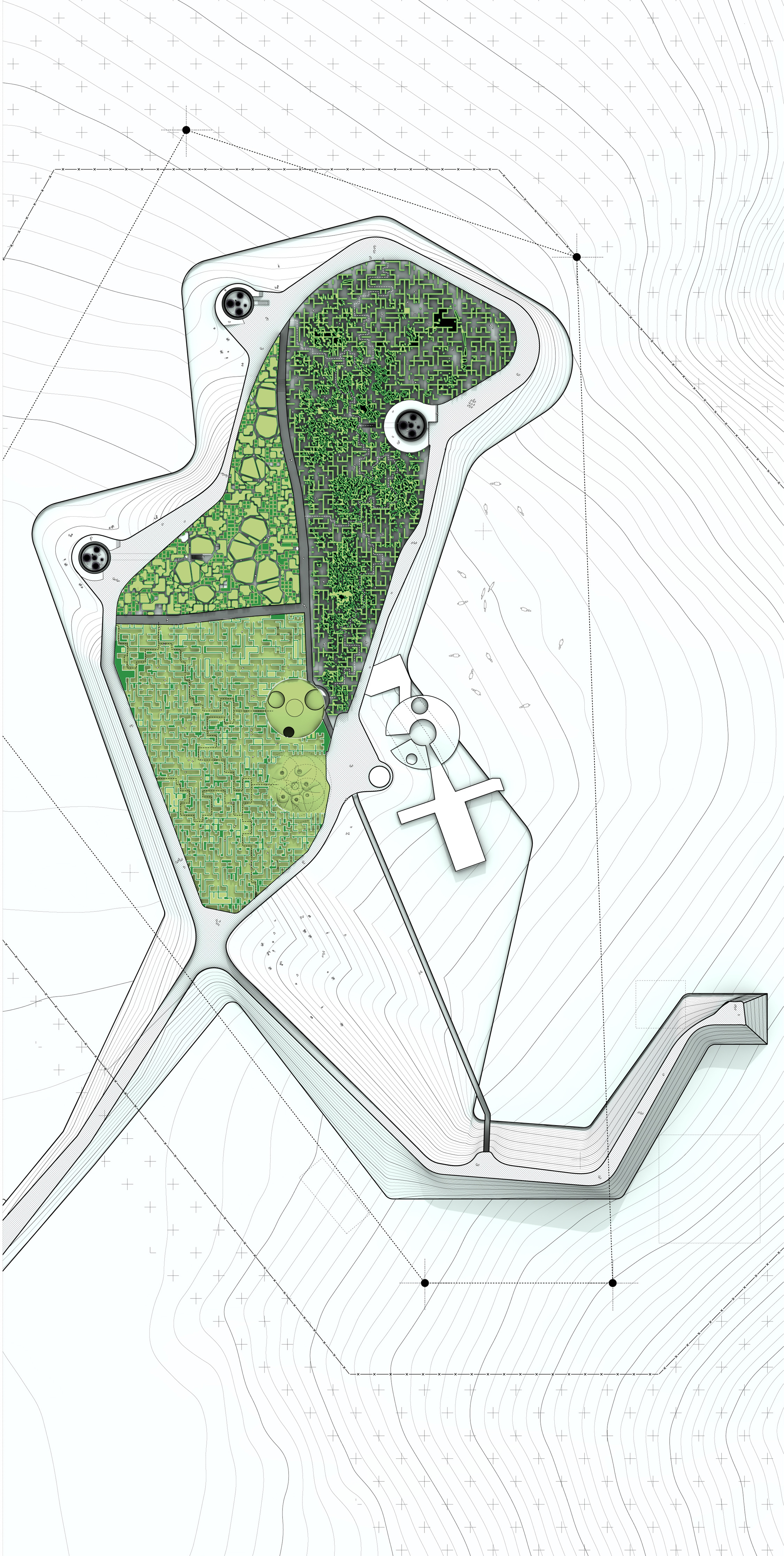 The Former Subterranean Military Infrastructural Boundaries Are Brought To The Surface Providing Perimeter Circulation And Three Distinct Fields For Mazes and Labyrinths