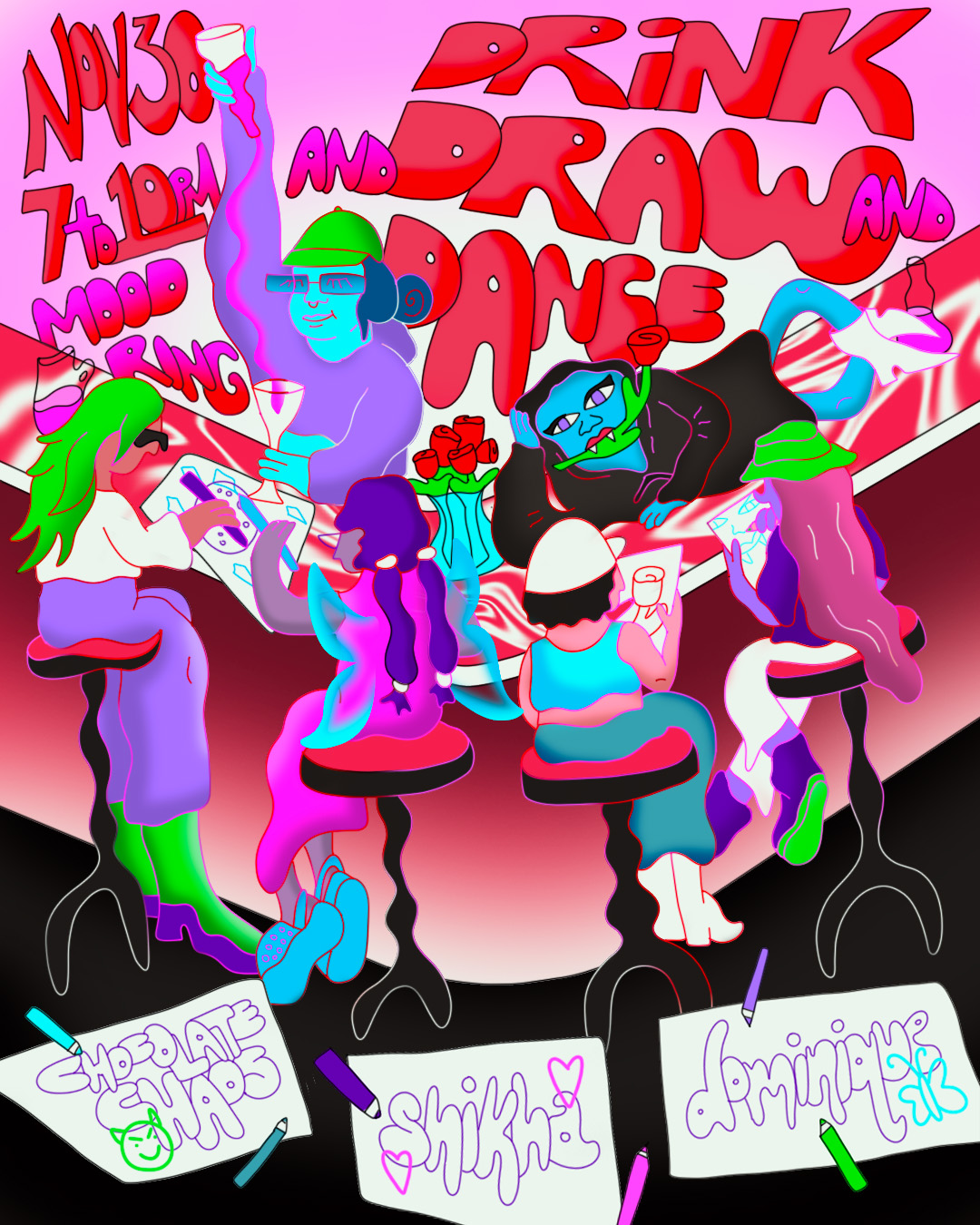 Drink and Draw and Dance Poster, 2022, Digital