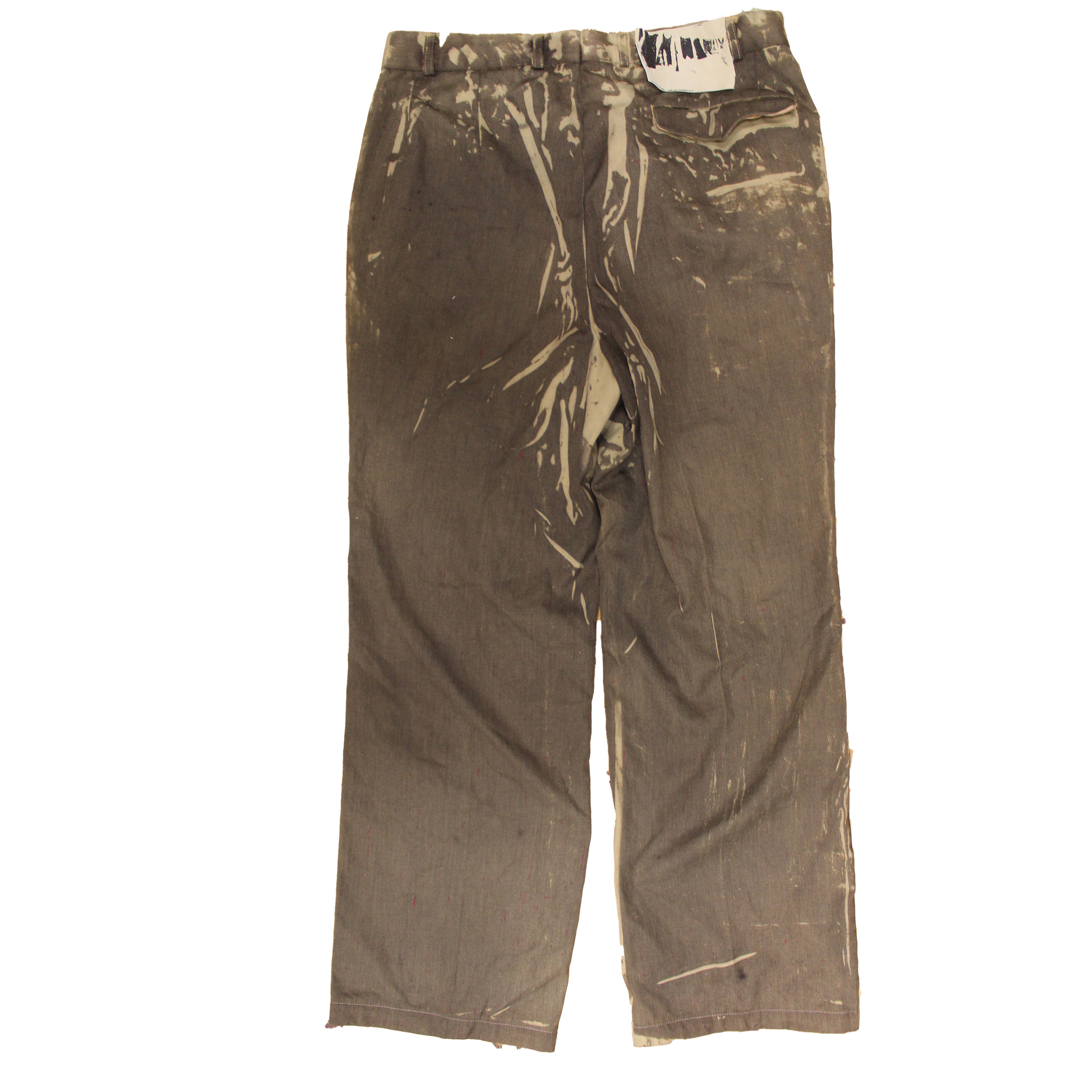 reclaimed vintage surplus denim screen printed with textile dye & various metals. tailored for straight/wide fit. fitted with custom keychain, scrap chain, and leather patches