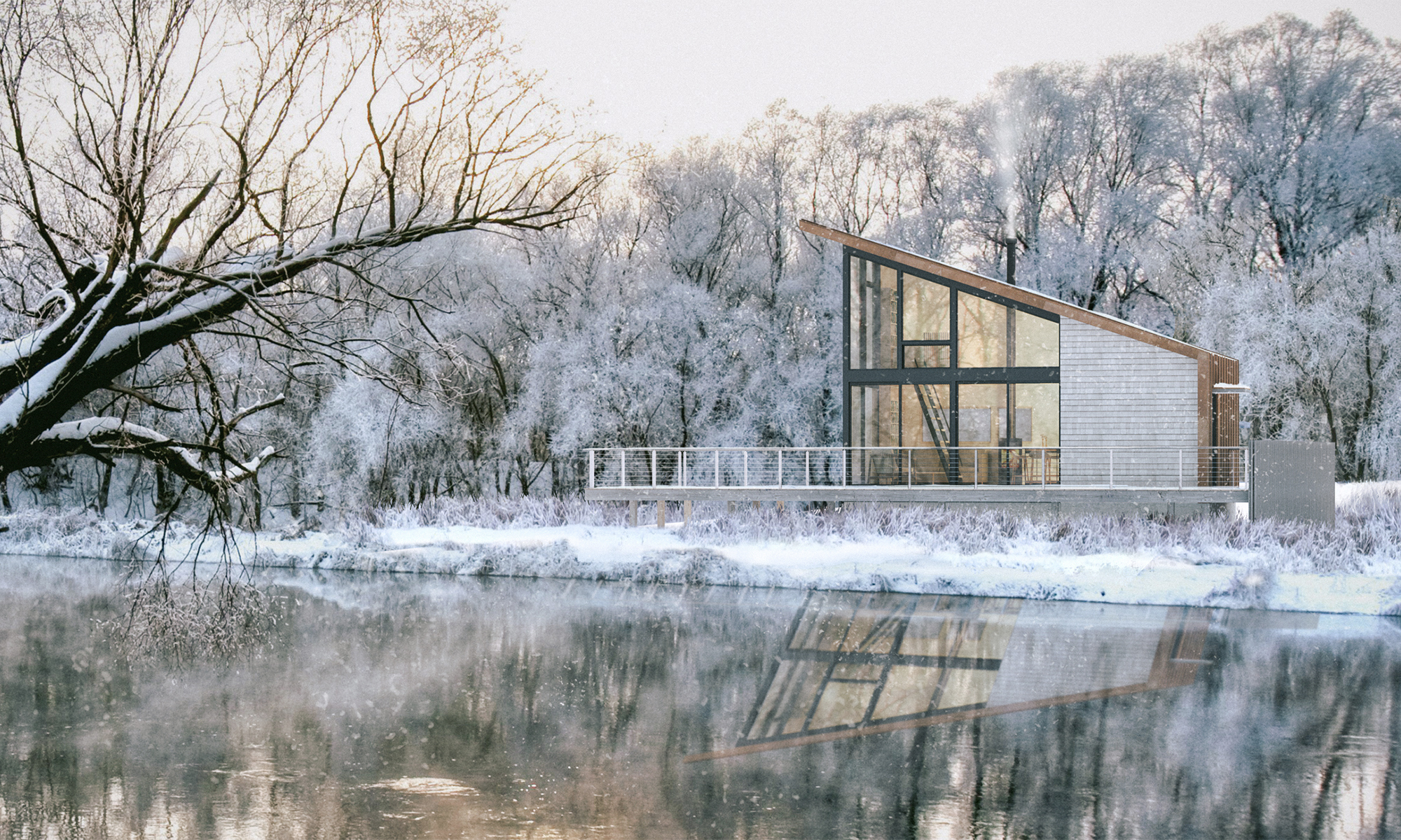 A modern cabin with floor to ceiling glass enhancing water views.