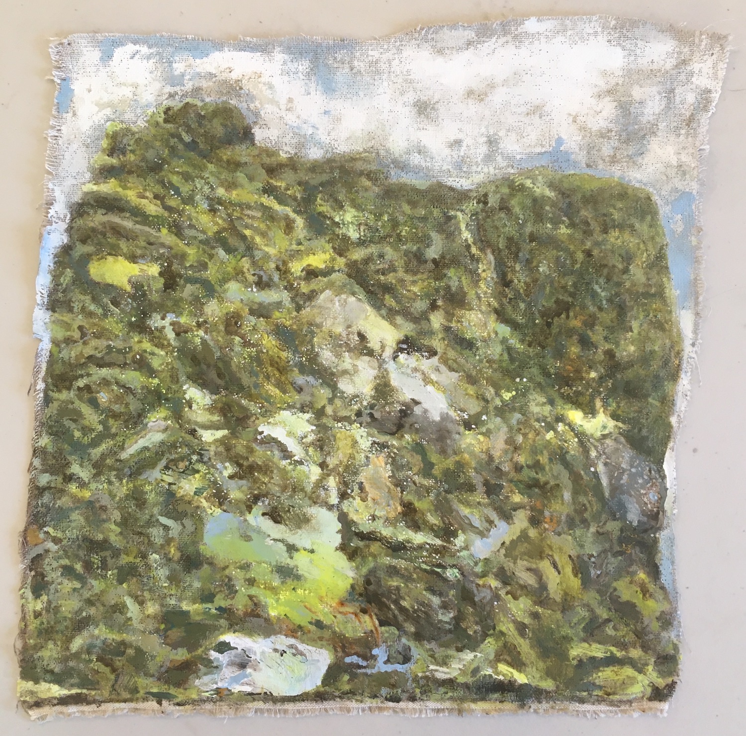 David Kearns, Mountain Battles IV, 2022, Acrylic on linen, 10 x 10 in.  (sold)