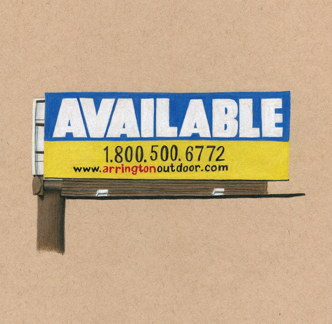 Available Highway Billboard Sign, colored pencil drawing on toned tan paper 8x8"