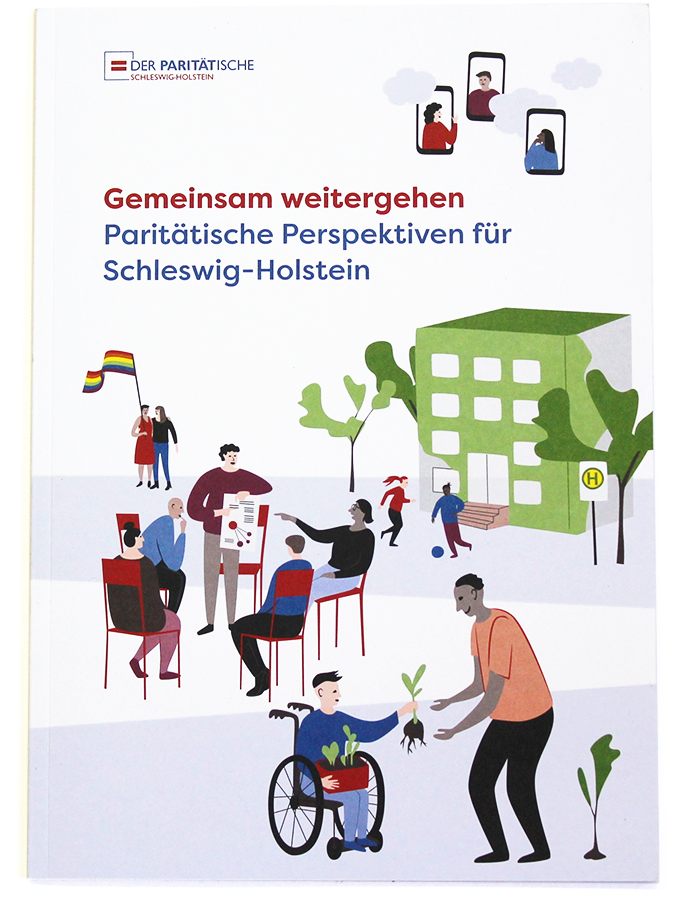 Broschüre mit illustrativem Cover zum Thema Sozialpolitik und Teilhabe
