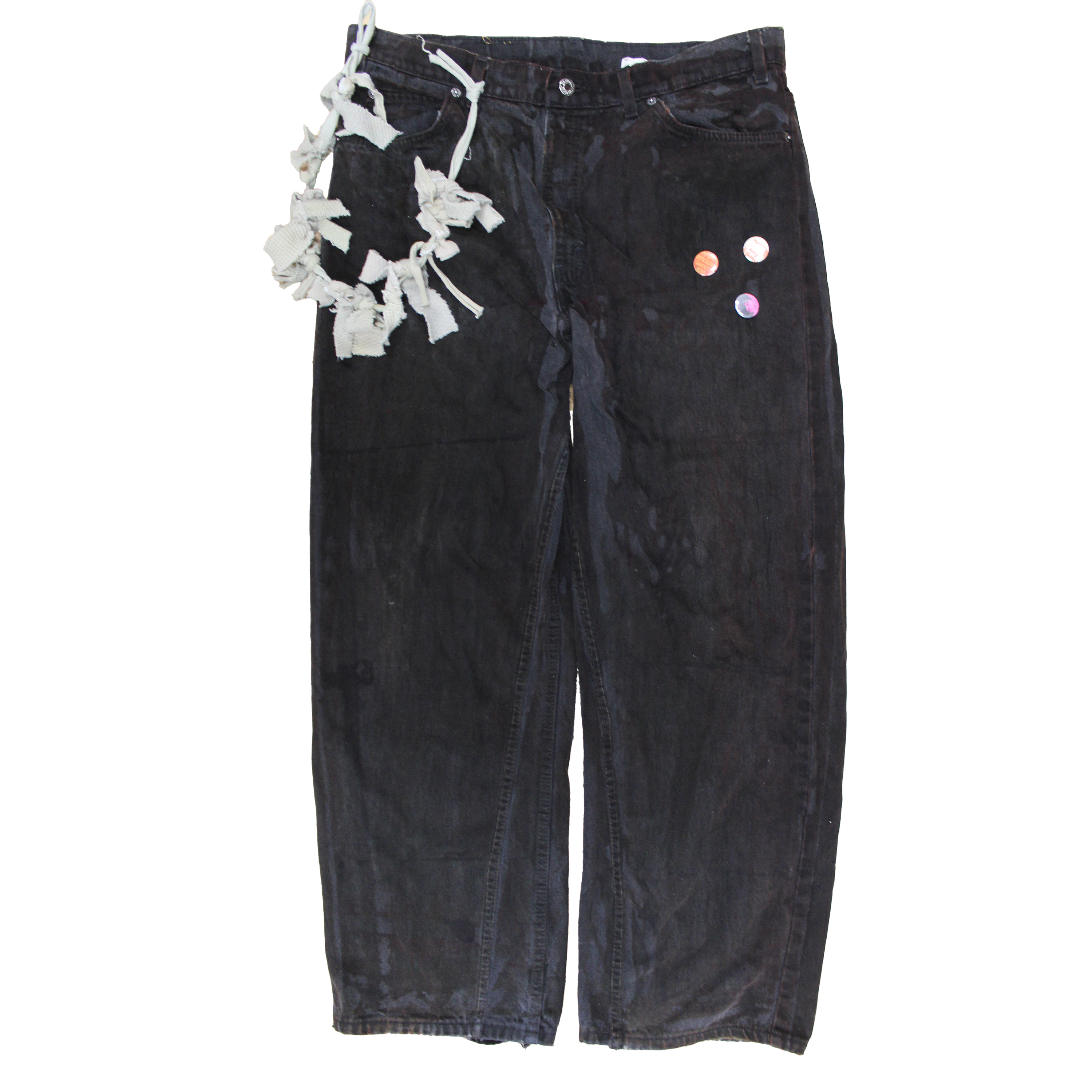 reclaimed vintage surplus denim screen printed with textile dye & various metals. tailored for straight/wide fit. fitted with custom keychain, scrap chain, and leather patches