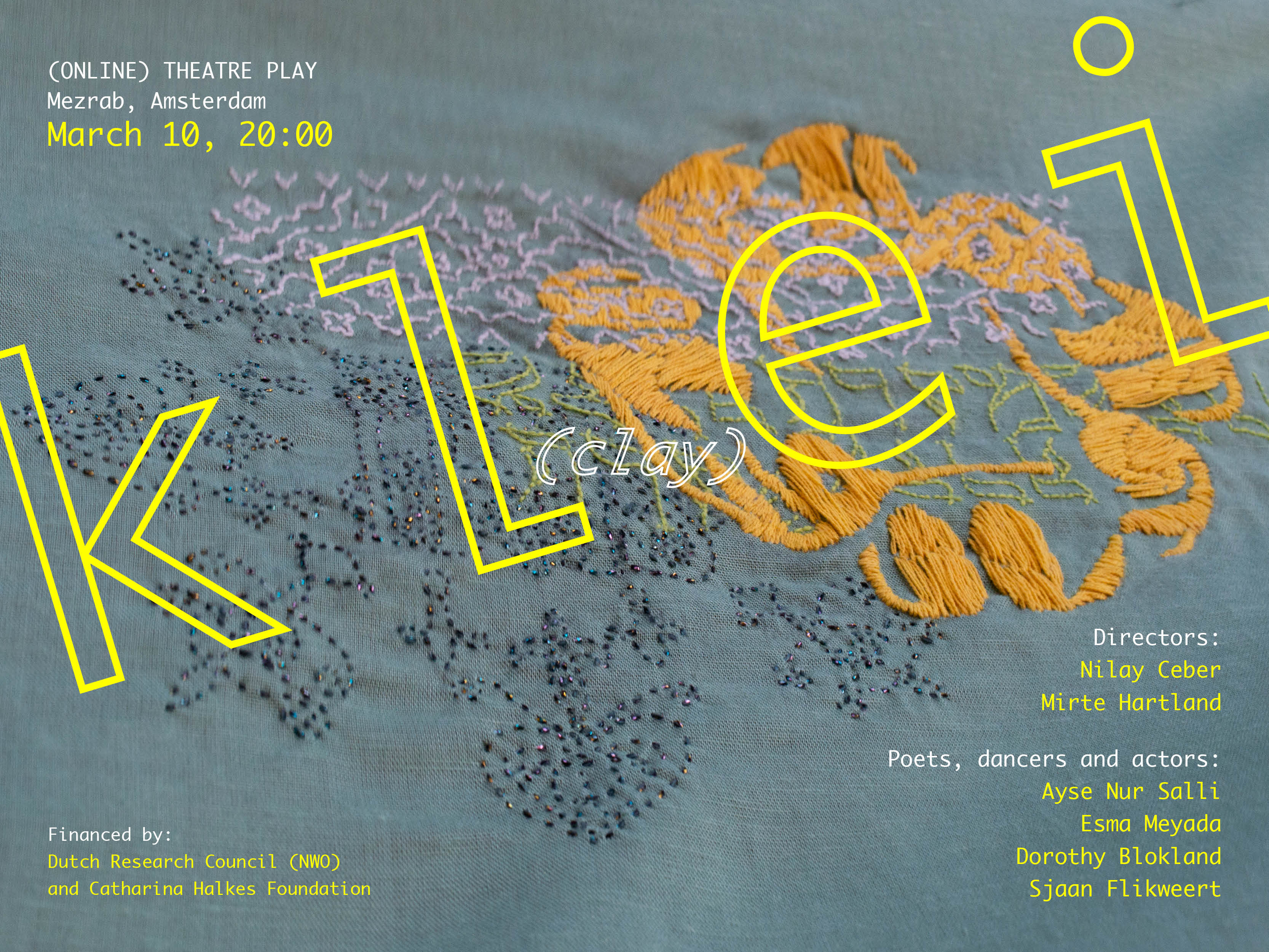 Frontside. Poster for (online) theatre play. Artwork: linnen cloth embroidered with cotton, silk, acryl, and metal yarn.