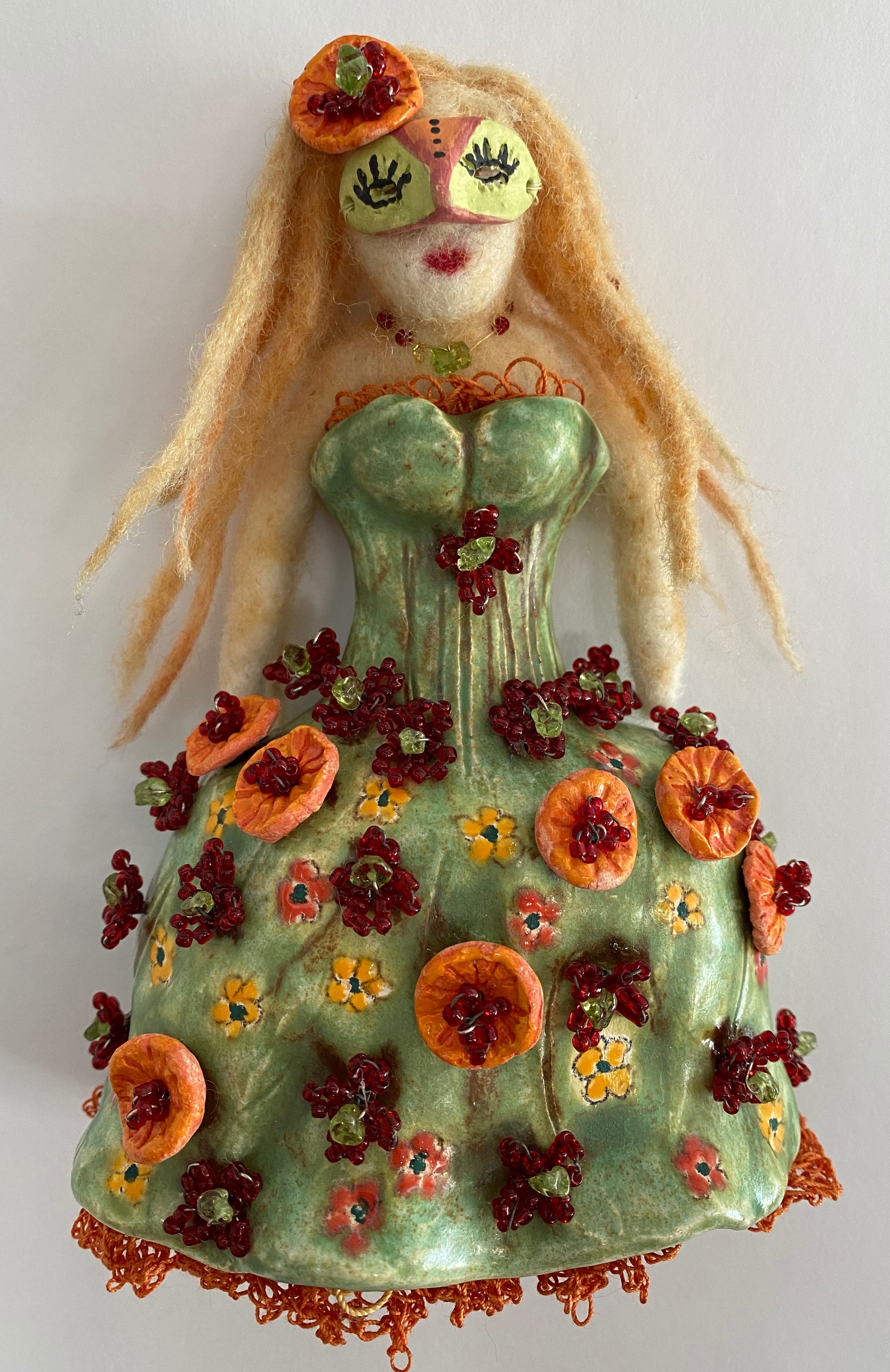 Untitled (50 flowers), SOLD → ceramic, crochetted yarn, felted wool, glass beads