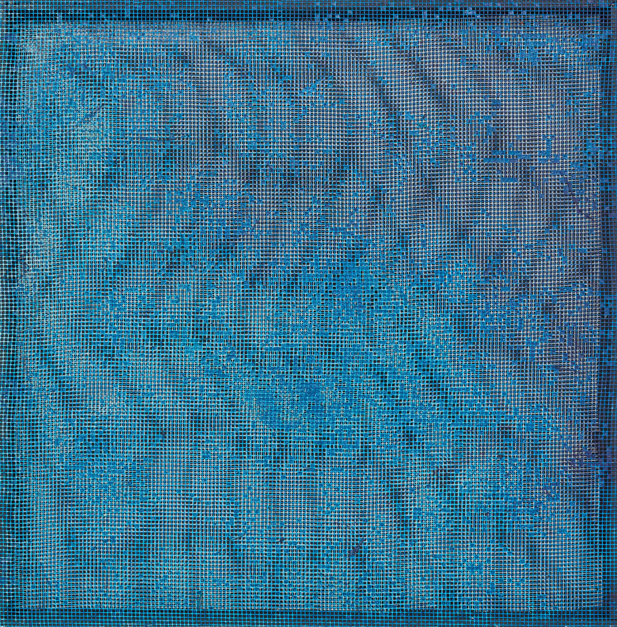 Bleu océan, 2021 acrylique sur moustiquaire, 31 x 31 cm. Collection privée