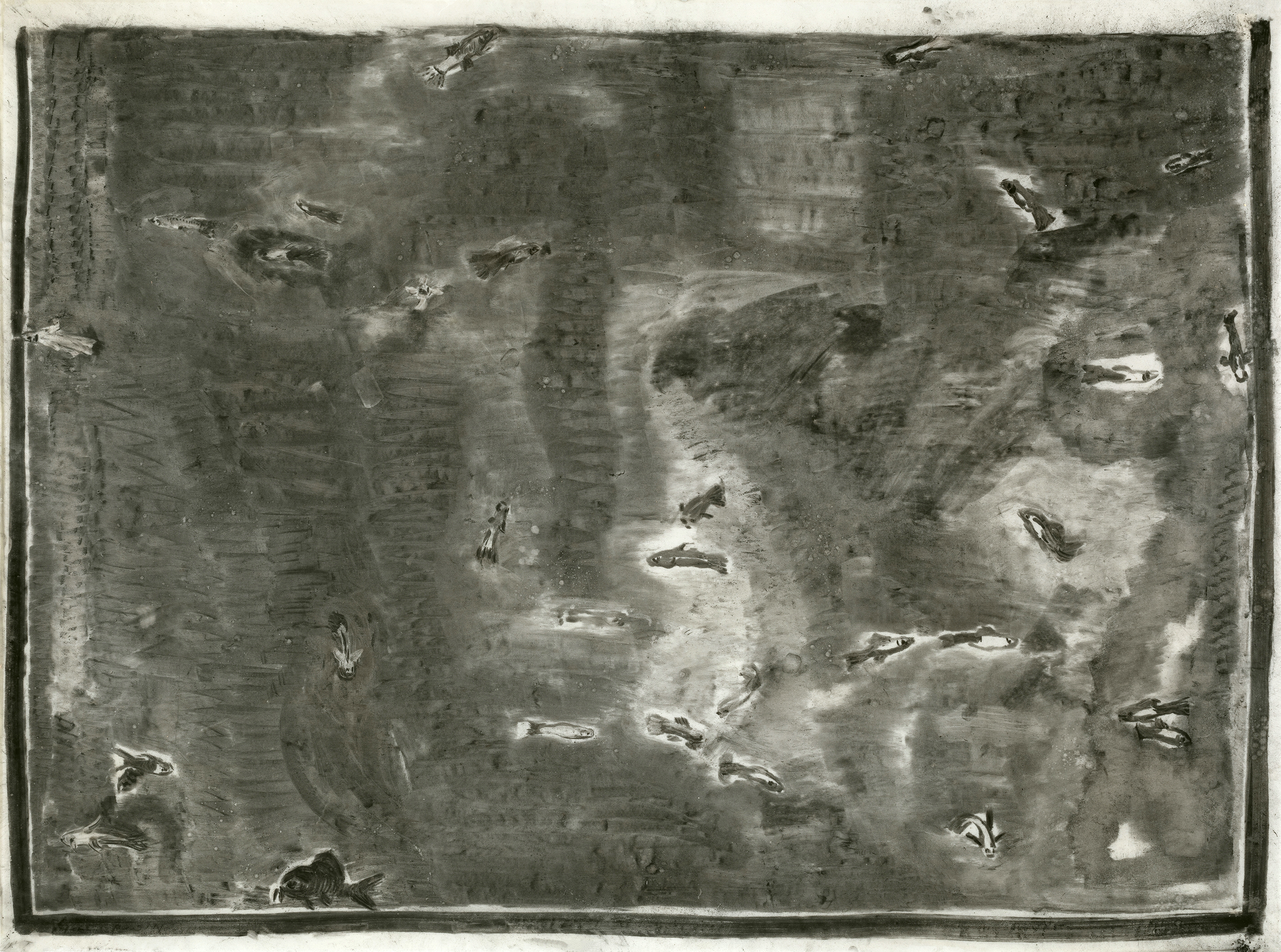 Aquarium, 120 x 90 cm, charcoal, wax on transparent paper, 2019
