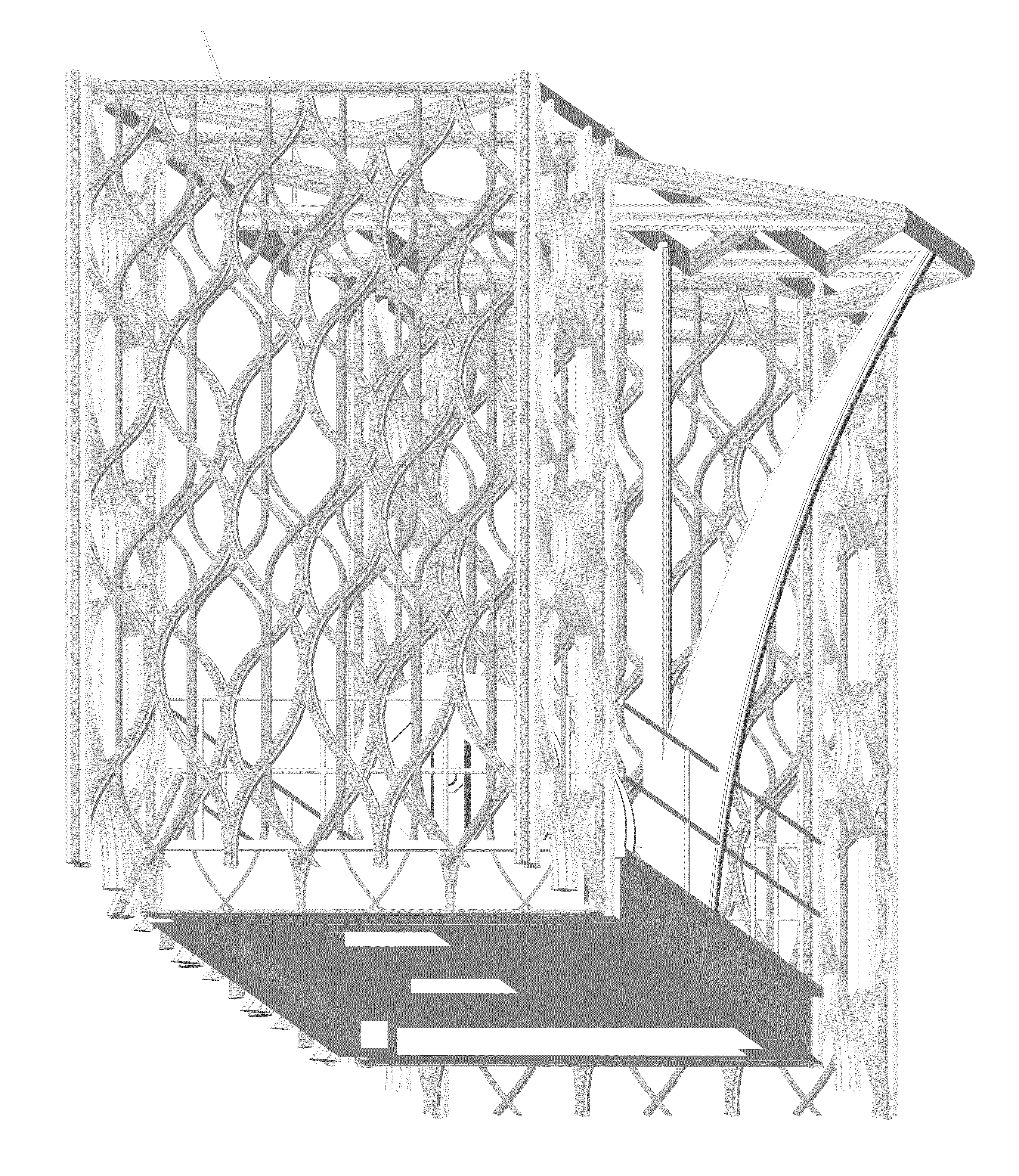 The diagonal IPE-beam has a similar form language as a flying gothic buttress. In the intervention the steel bearing construction is replaced by a buttress, where in a form of a pinnacle one vertical element helds the trolley crane scaffold. The metal joints are replaced by a purpose-built tone elements.