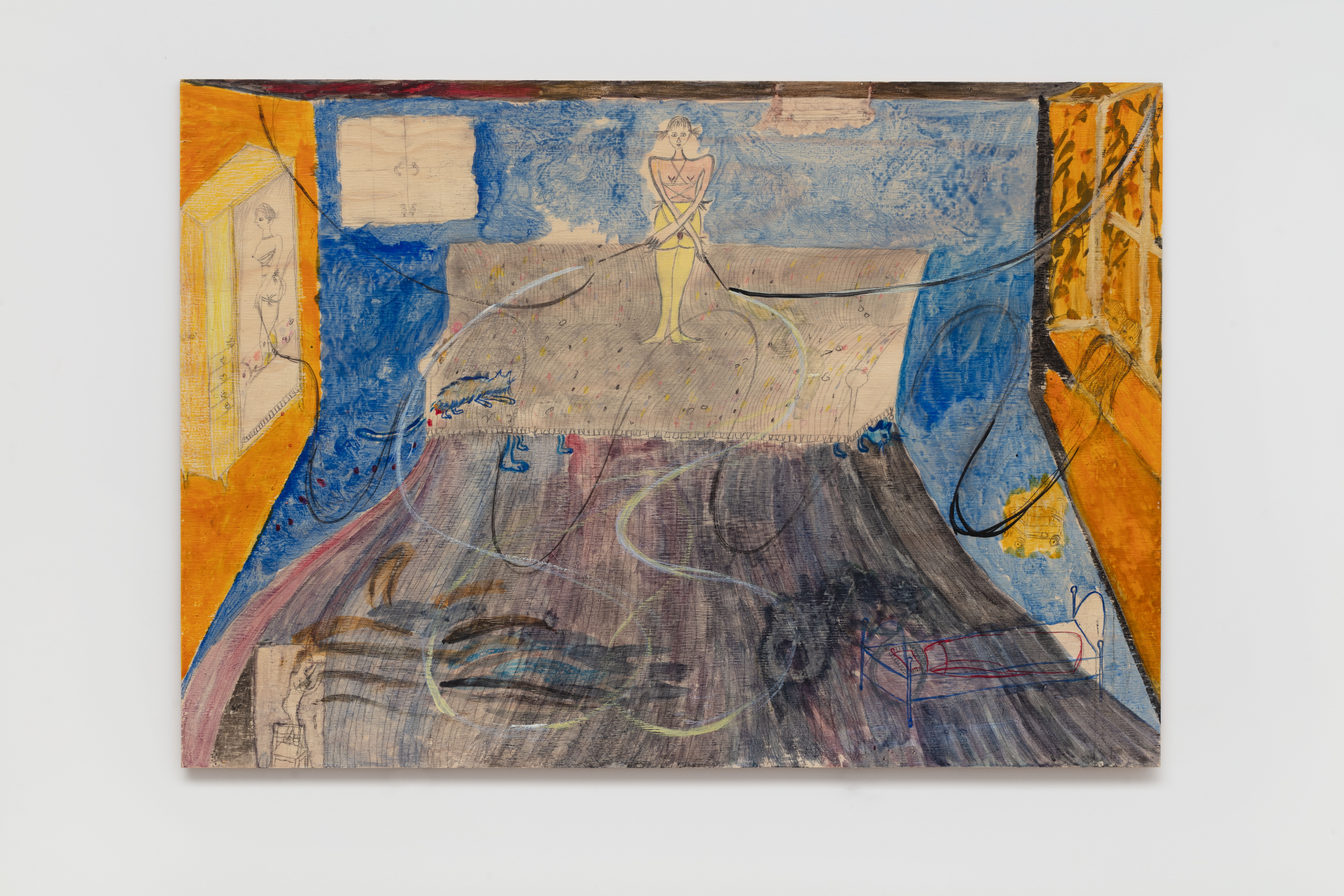 A Yellow Chamber,  42 x 60 cm, graphic, tempera, pastel, wax on wood, 2023