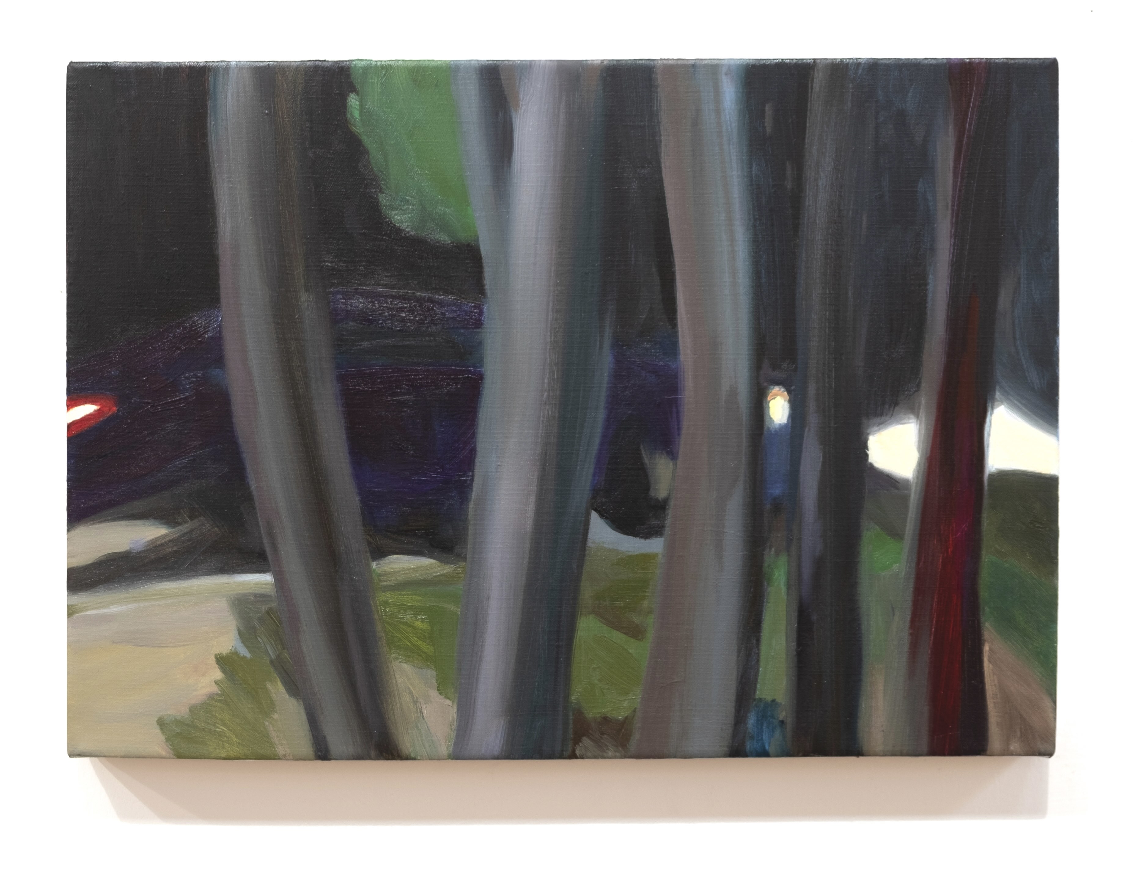 Headlights Through the Forest, oil on linen, 14 x 20 inches, 2020