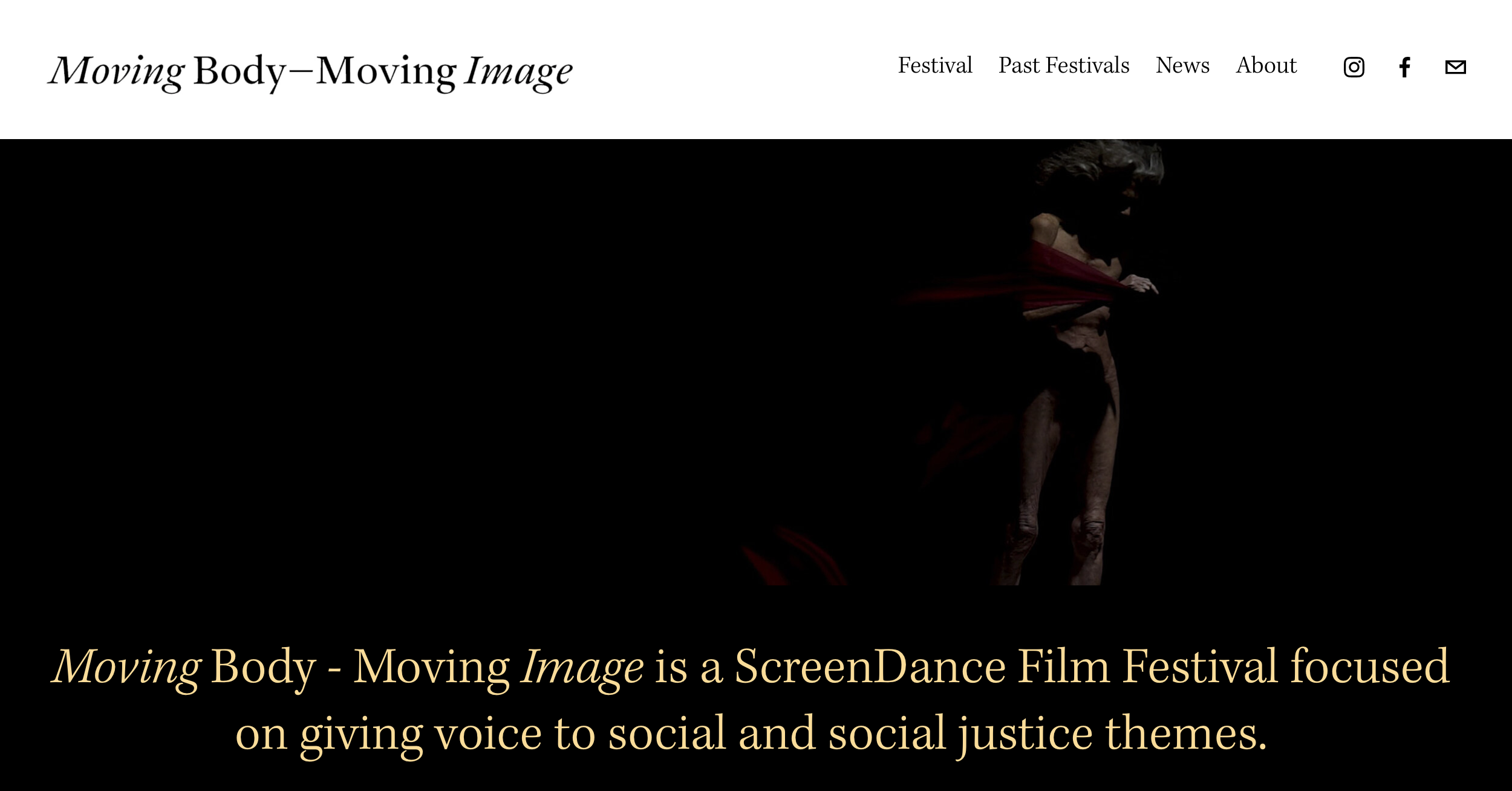 Moving Body-Moving Image Festival website front page developed, designed, and maintained by Allison Costa, March 2020-present. Screenshot by Allison Costa, December 2020