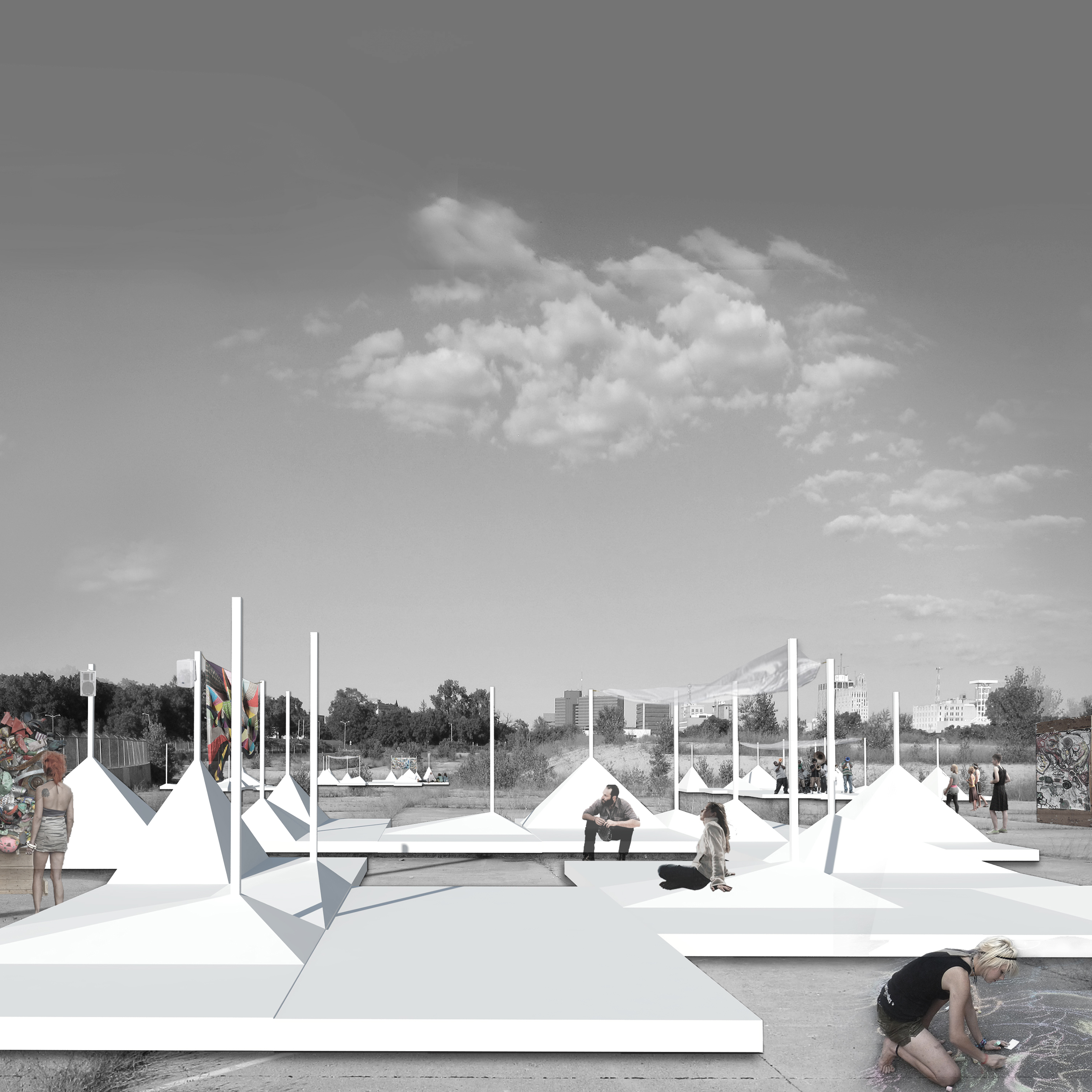 PROJECT FOR THE CHEVY IN THE HOLE  / Flexibly occupying the 130-acre abandoned manufacturing grounds in Flint, MI, the transient festival structures frame the formal and informal occupation of the vast void oscillating between object and field; figure and ground. 