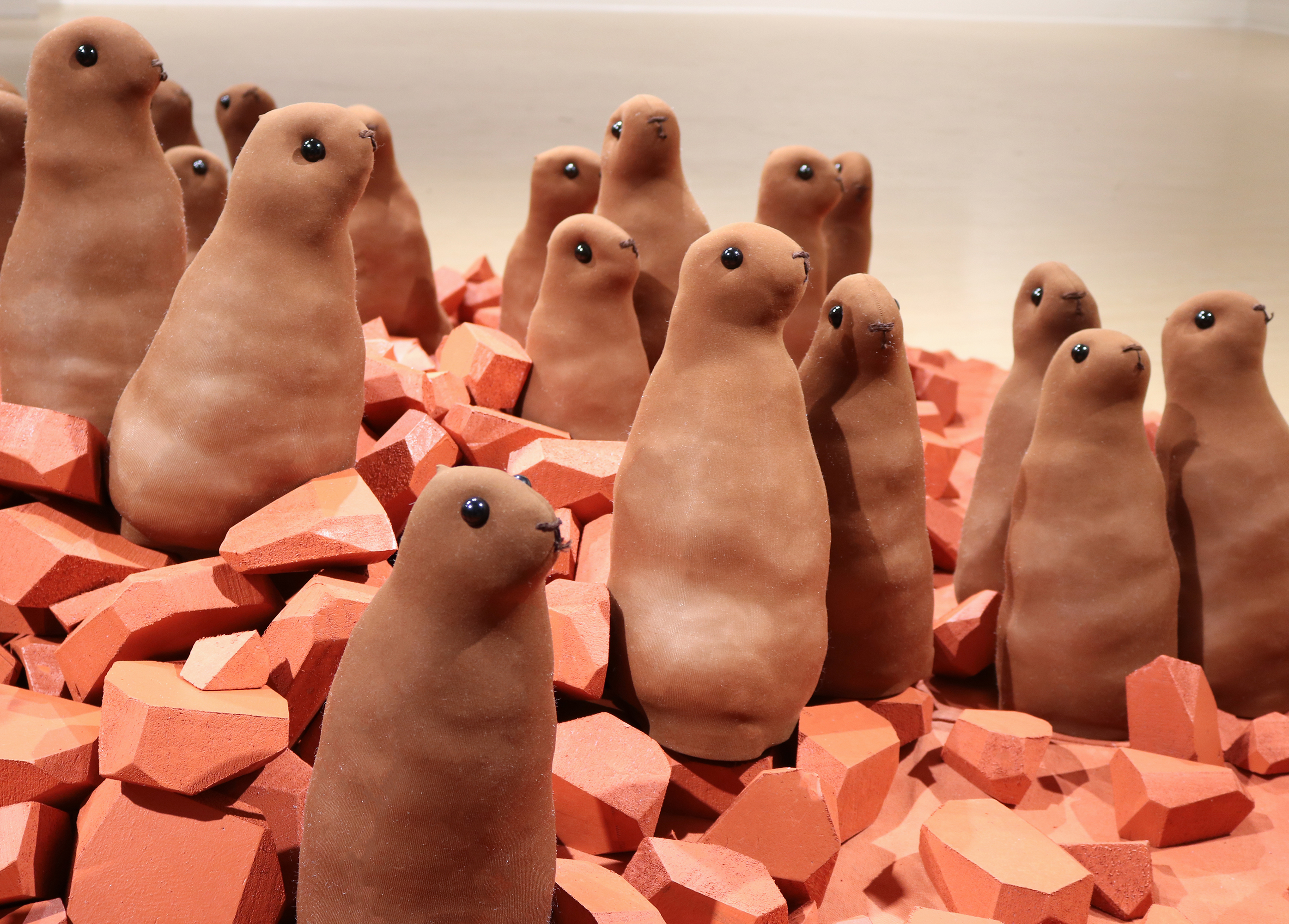 "War of the Worlds," (detail) Stuffed fabric prairie dogs