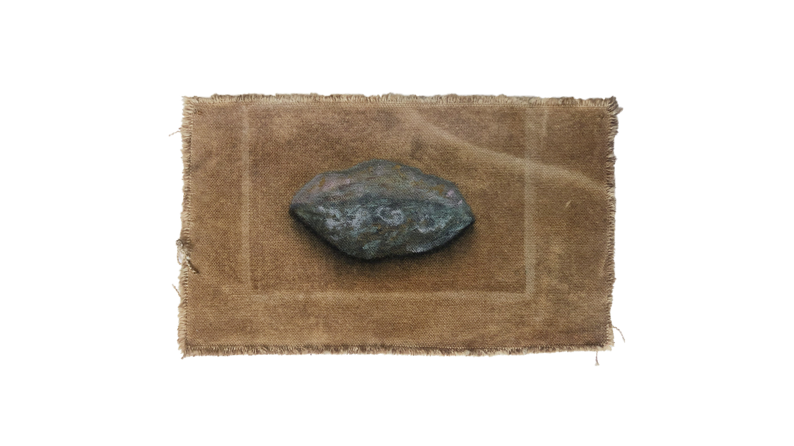Sem título. Da série Pedras, ilhas e sementes. Pigmento, carvão e algodão cru tingido. 23x12cm. 2018.