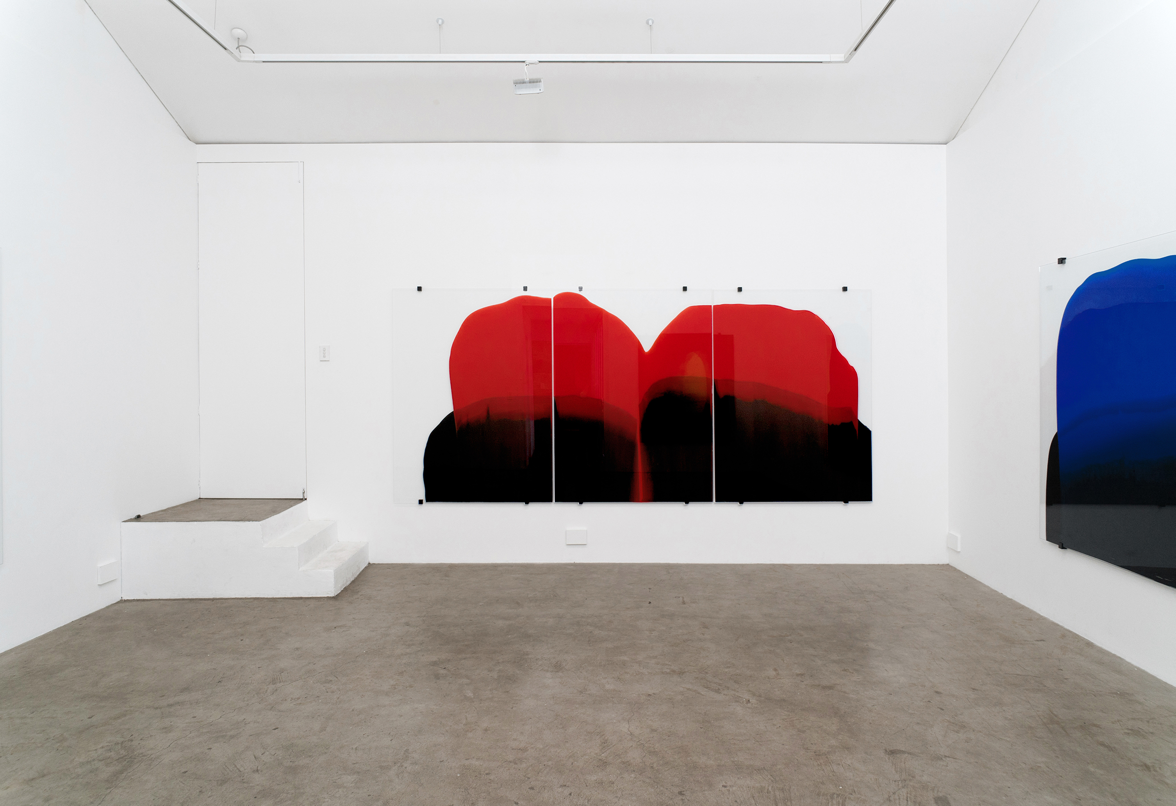 The Free Act (red and black over three), 2017, acrylic paint on glass 160 x 360cm