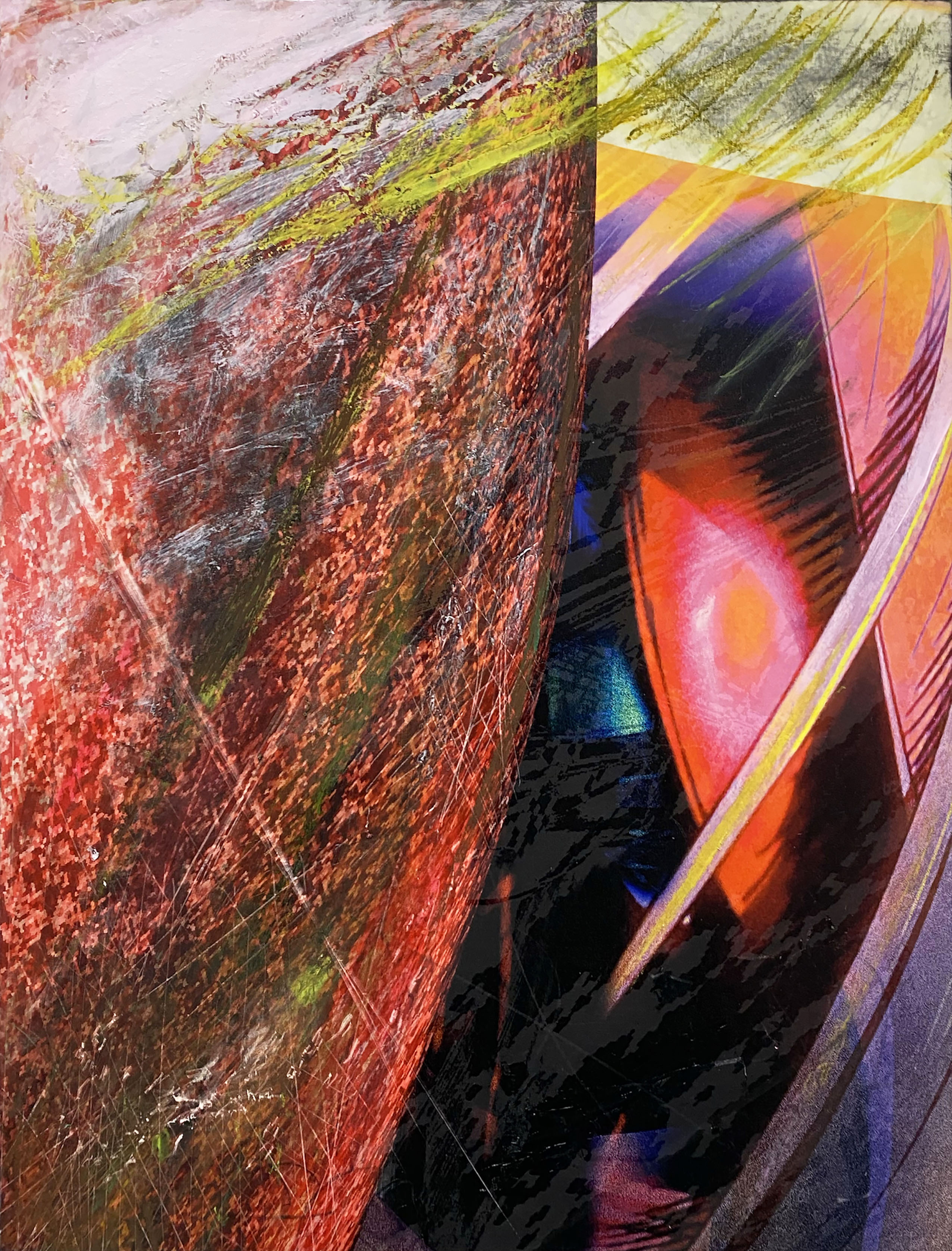 "Genesis", Screenprint, acrylic, graphite and oil pastel on pigmented inkjet print on Photo Tex, 19.5" x 14",  2025
