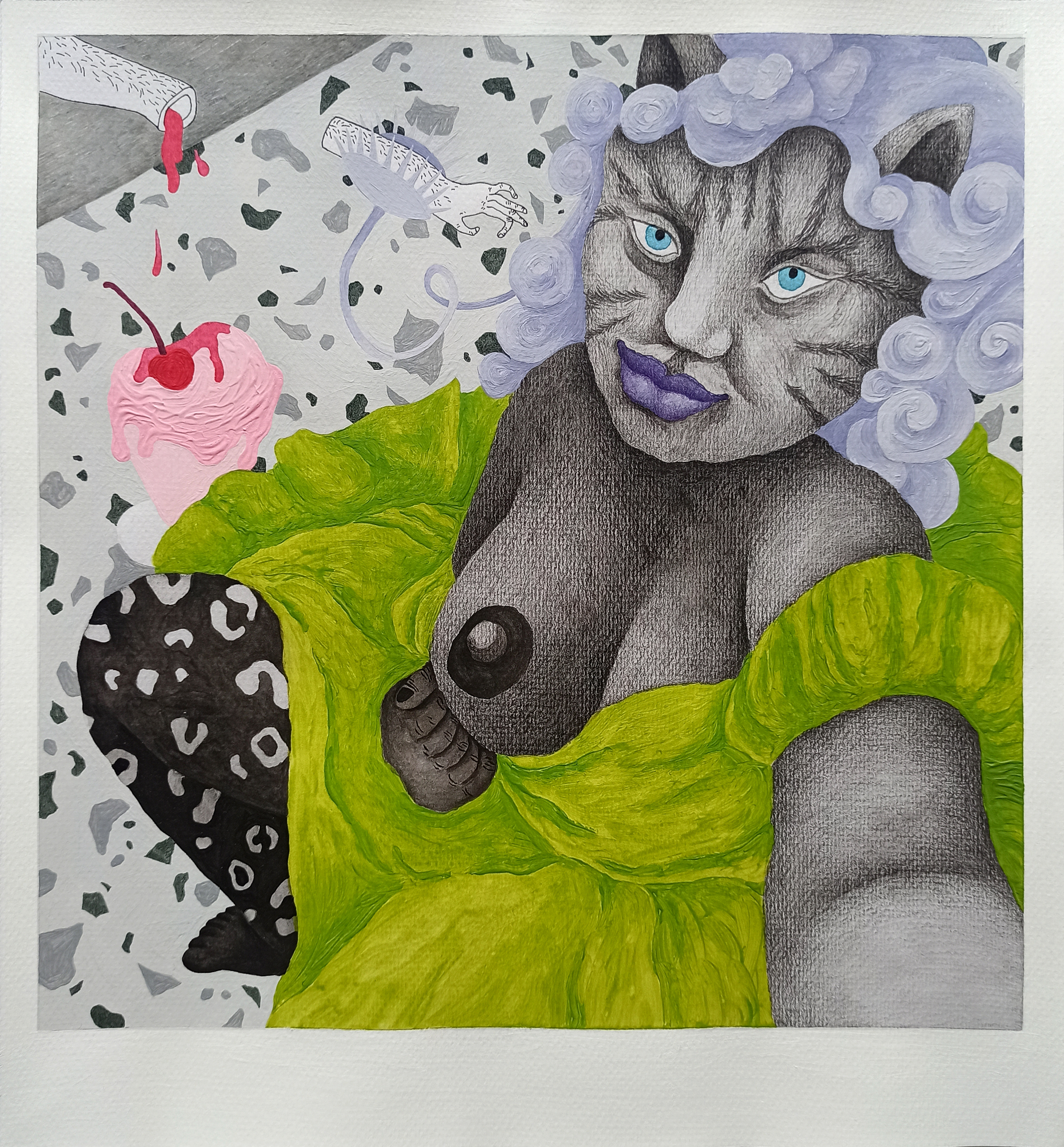 from mother i inherited a flair for composition, 2024, acrylic paint, watercolor pencils, markers on paper, 29,5 x 27,5 cm