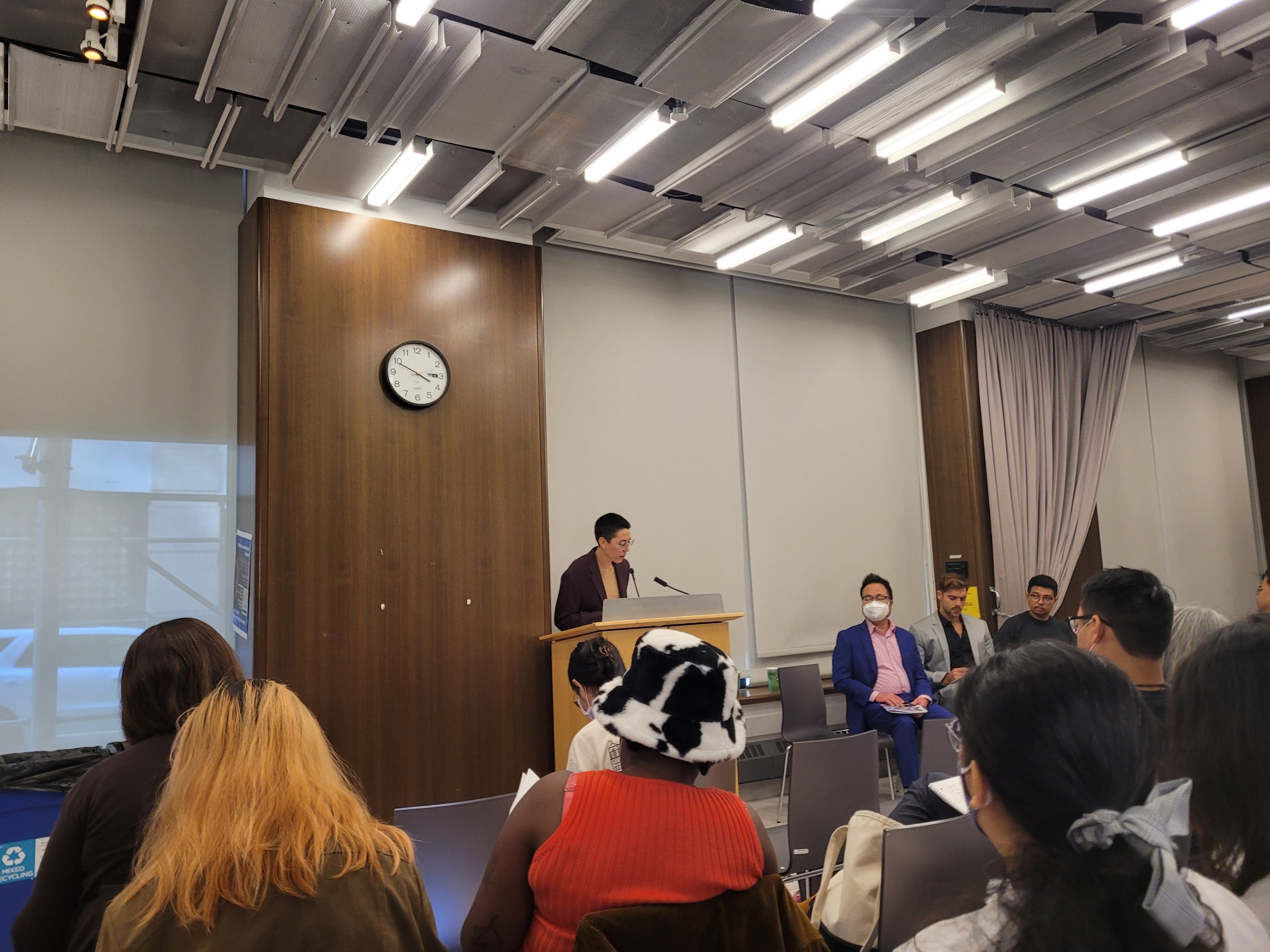 Jhani Randhawa introducing Diasporic Poetics panelists Timothy Yu, Chris Campanioni, and Nary Bahrawi. New York University, NYC 2022.