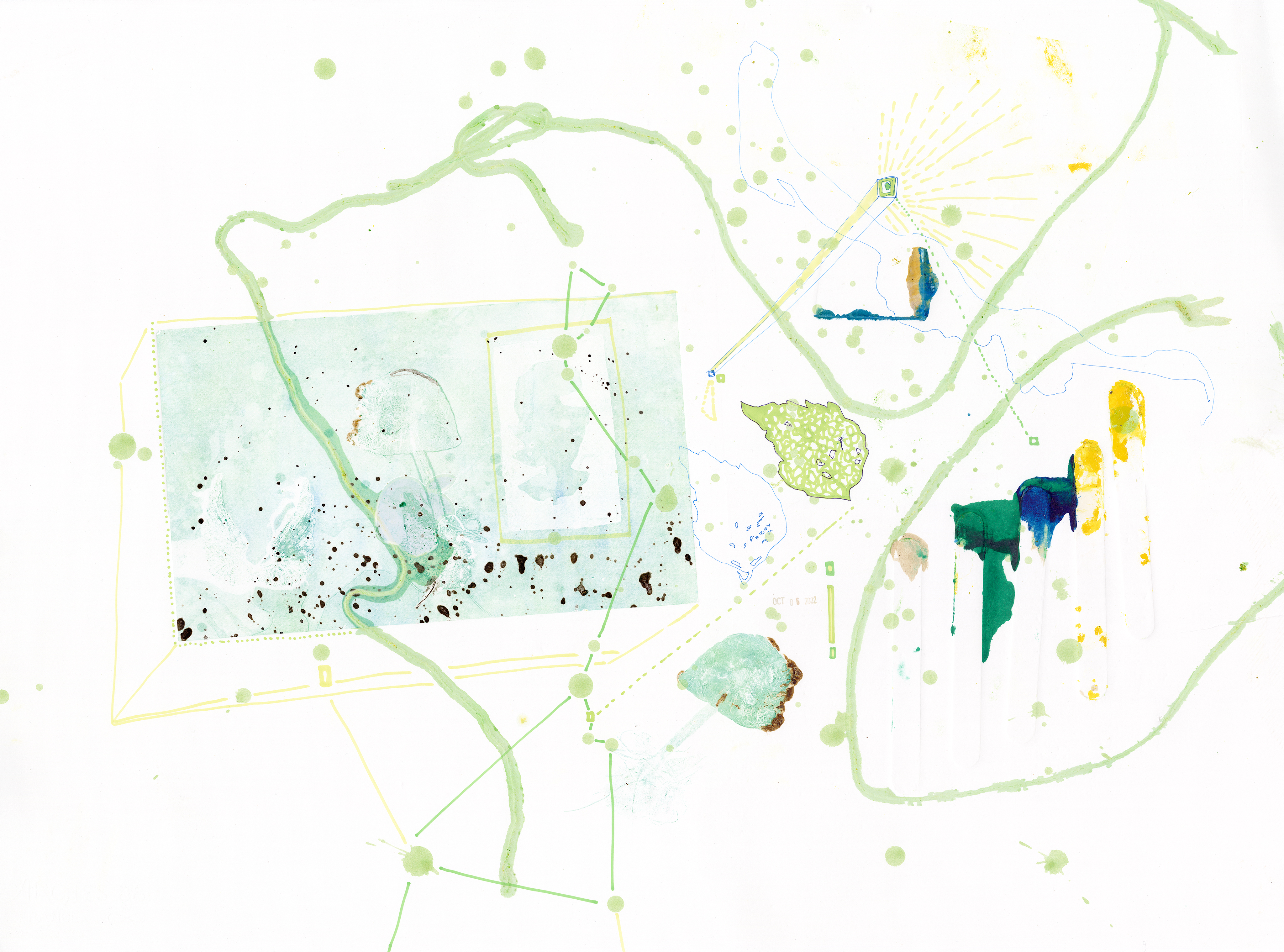 Drawing 54/56 from 56 days at the Dome House 22.5 x 30 inches, ink, Chine-collé, etching and stamps on Arches 88 paper - BUY